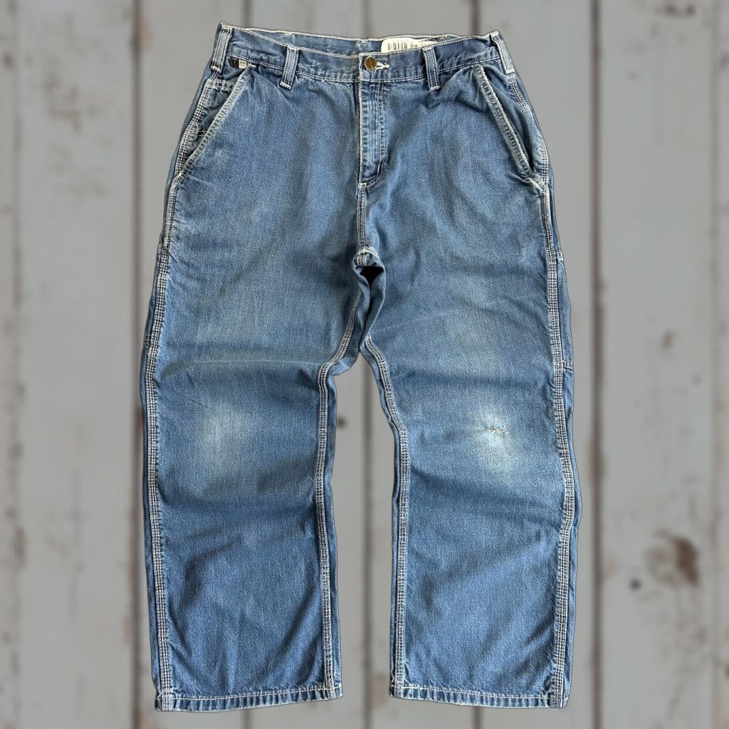 Carhartt VINTAGE Carhartt Jeans 33 x 28 Blue Denim Flame-Resistant Distressed Workwear 90s Mens Bags? Size US 33 - 1 Thumbnail