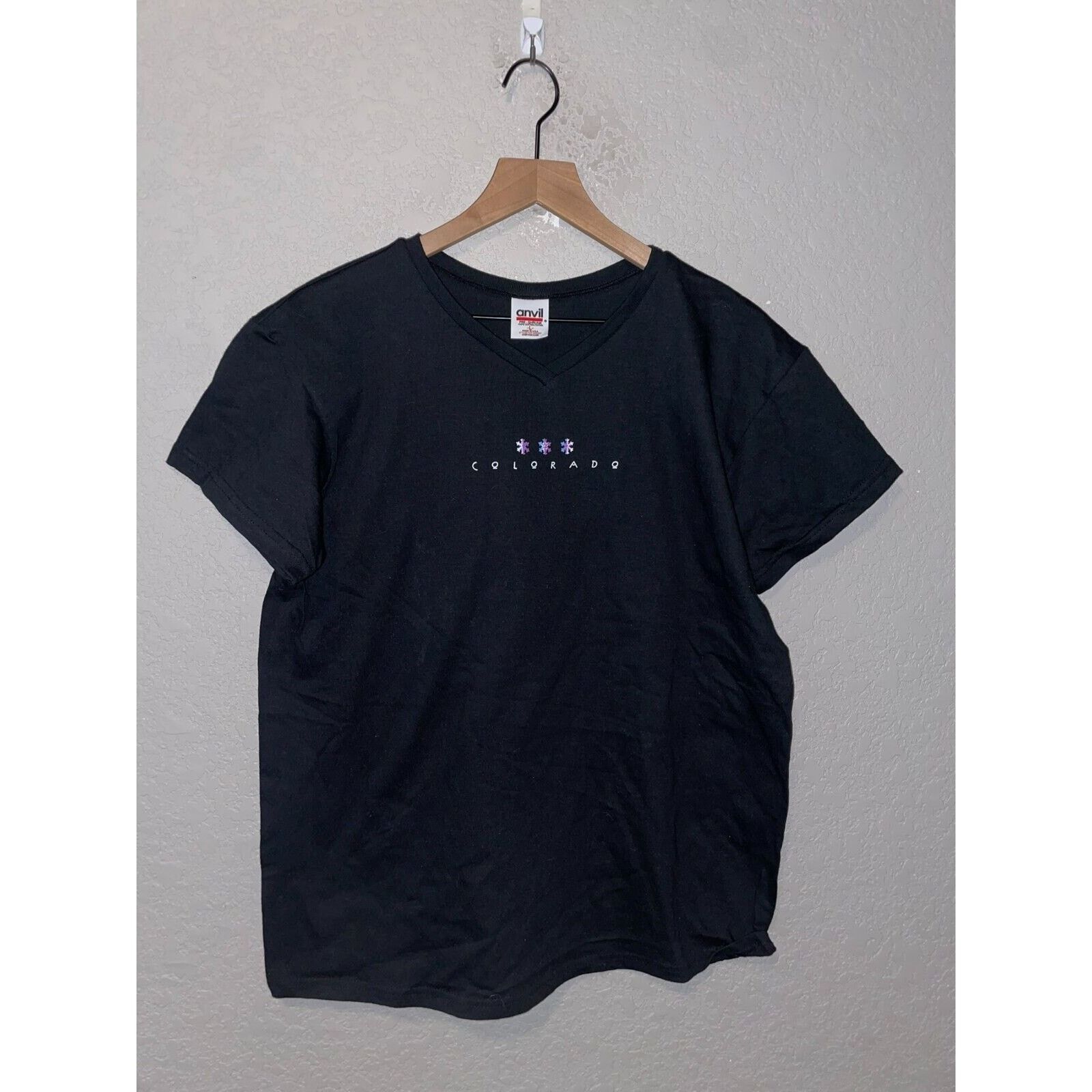 Anvil Womens Colorado Snow Shirt Snowflake Black Tee Top 90s Large Size L / US 10 / IT 46 - 1 Thumbnail