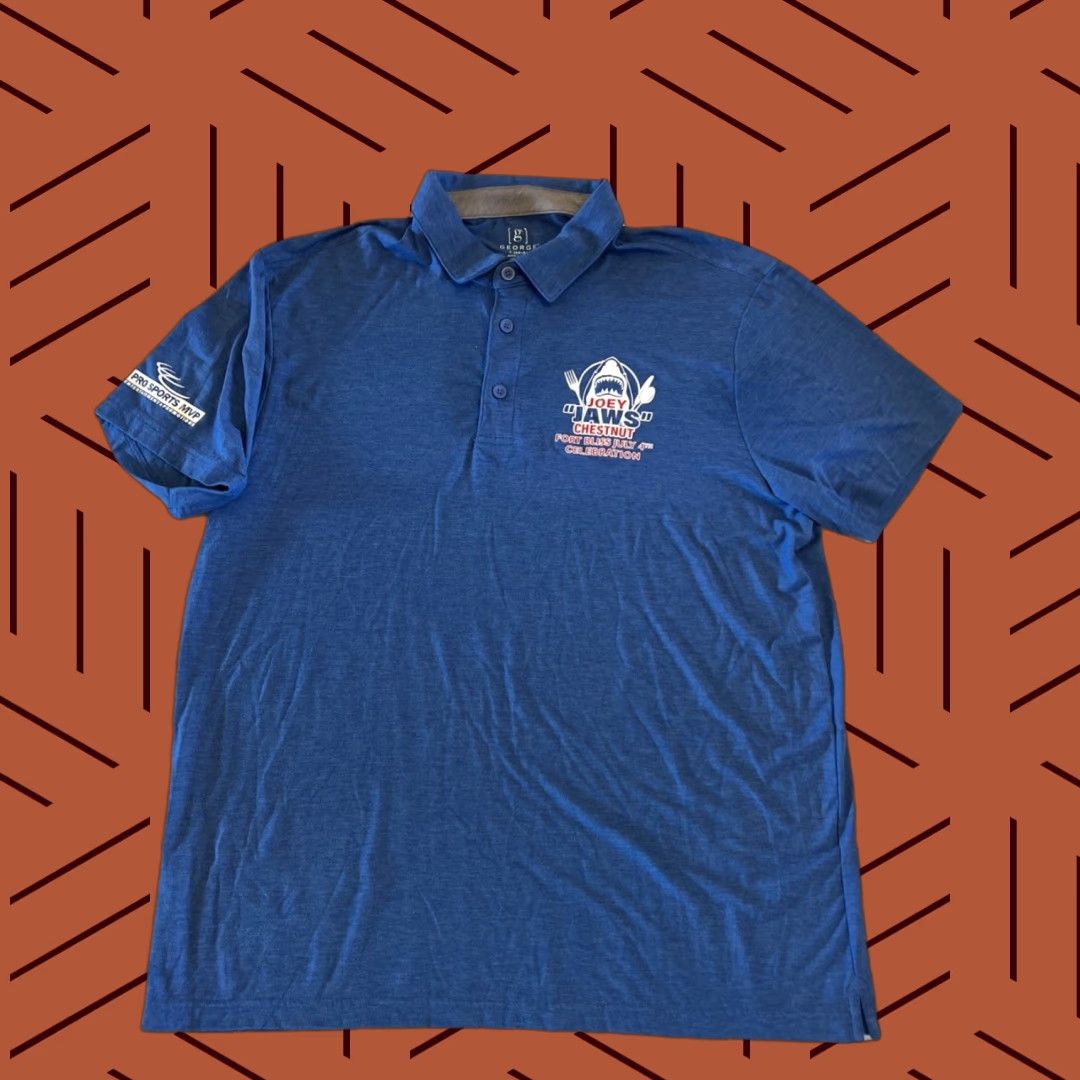 George VINTAGE Rare Joey “Jaws” Chestnut July 4th Polo Shirt Large New Mens Polo Shirt Blue 100% Cotton Jaws Theme Collection Size US L / EU 52-54 / 3 - 1 Thumbnail