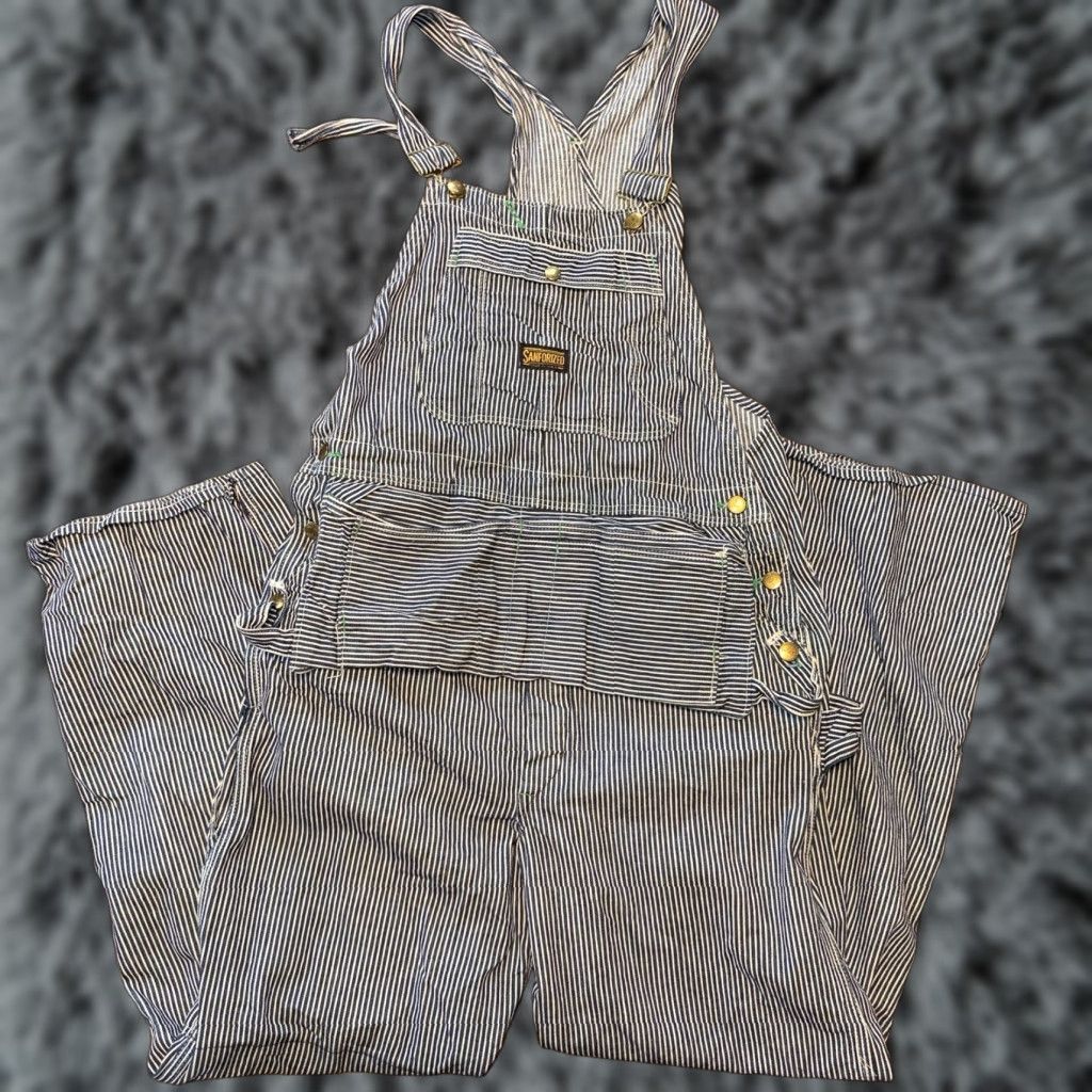 Lee VINTAGE Lee Overalls Union Made In USA Striped Button Fly 38x30 Denim Blue White Stripe 70s Farmers Work Mens Size US 38 / EU 54 - 1 Thumbnail