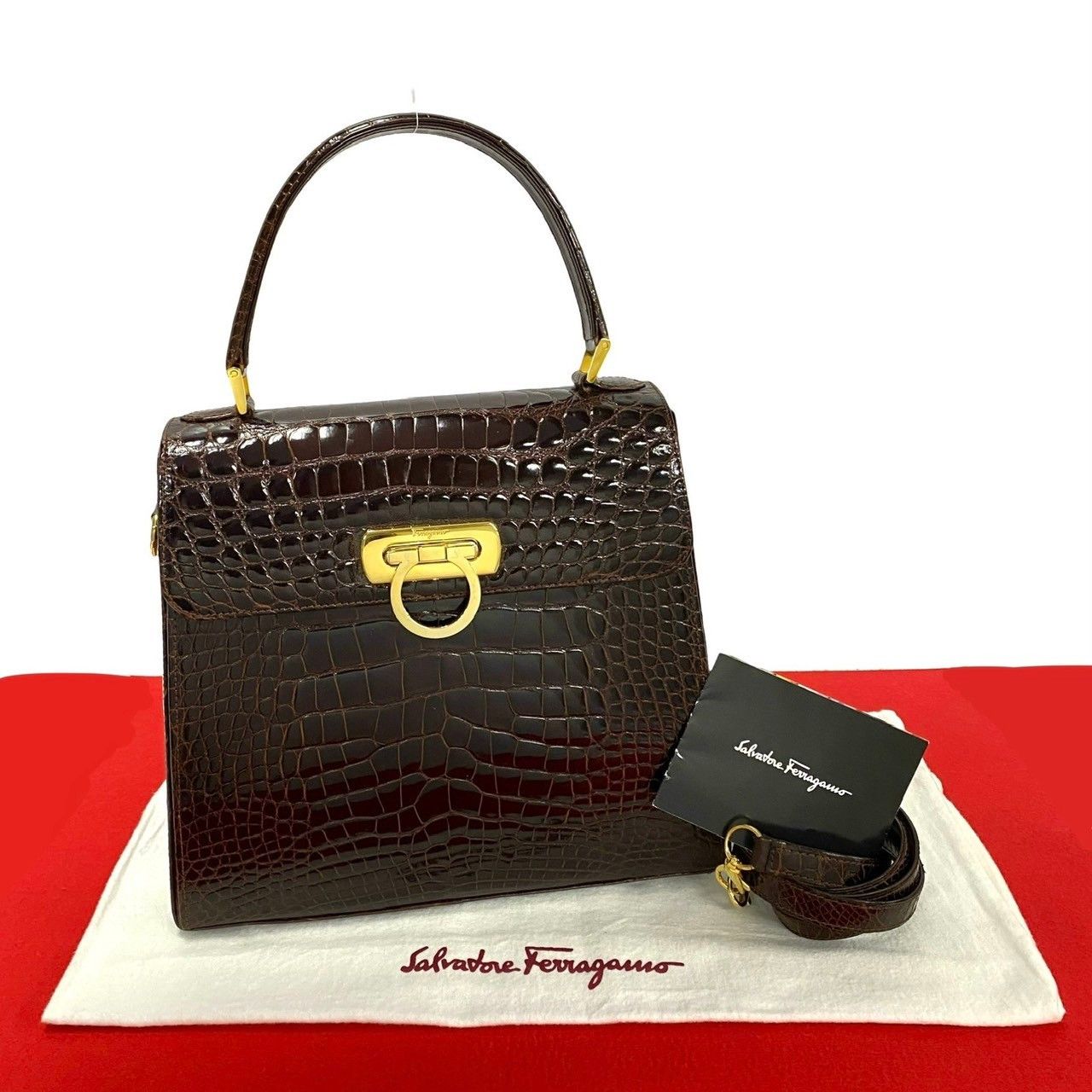 Salvatore Ferragamo Salvatore Ferragamo Gancini Crocodile Leather 2Way Bag Leather Shoulder Bag in Brown, Women's