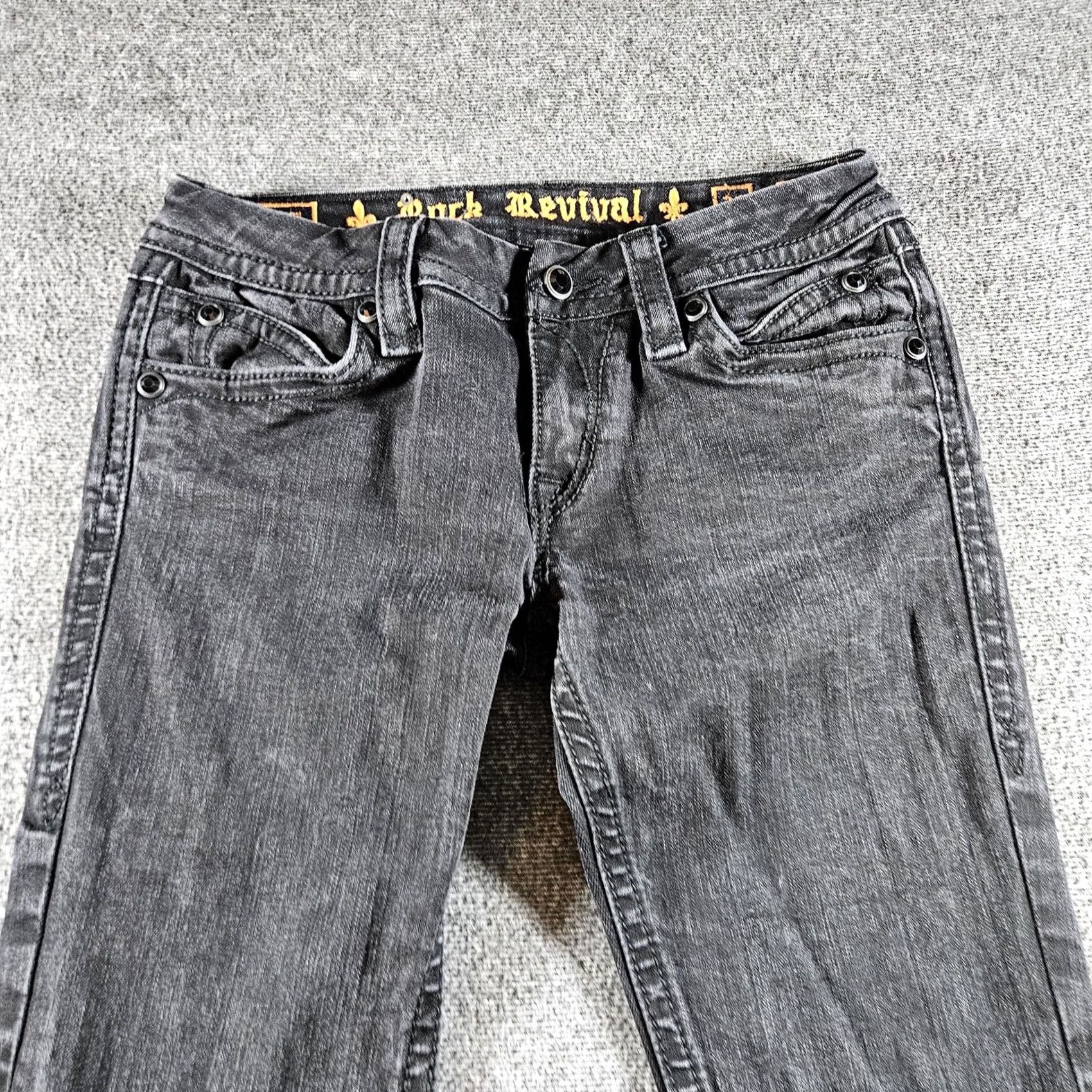 Vintage Rock Revival Jeans Womens 29 Gray Charcoal Denim 29x31 Straight Low Rise Slim 5-Pocket Buttons Embroidered Logo Vintage No Size 29" - 2 Thumbnail