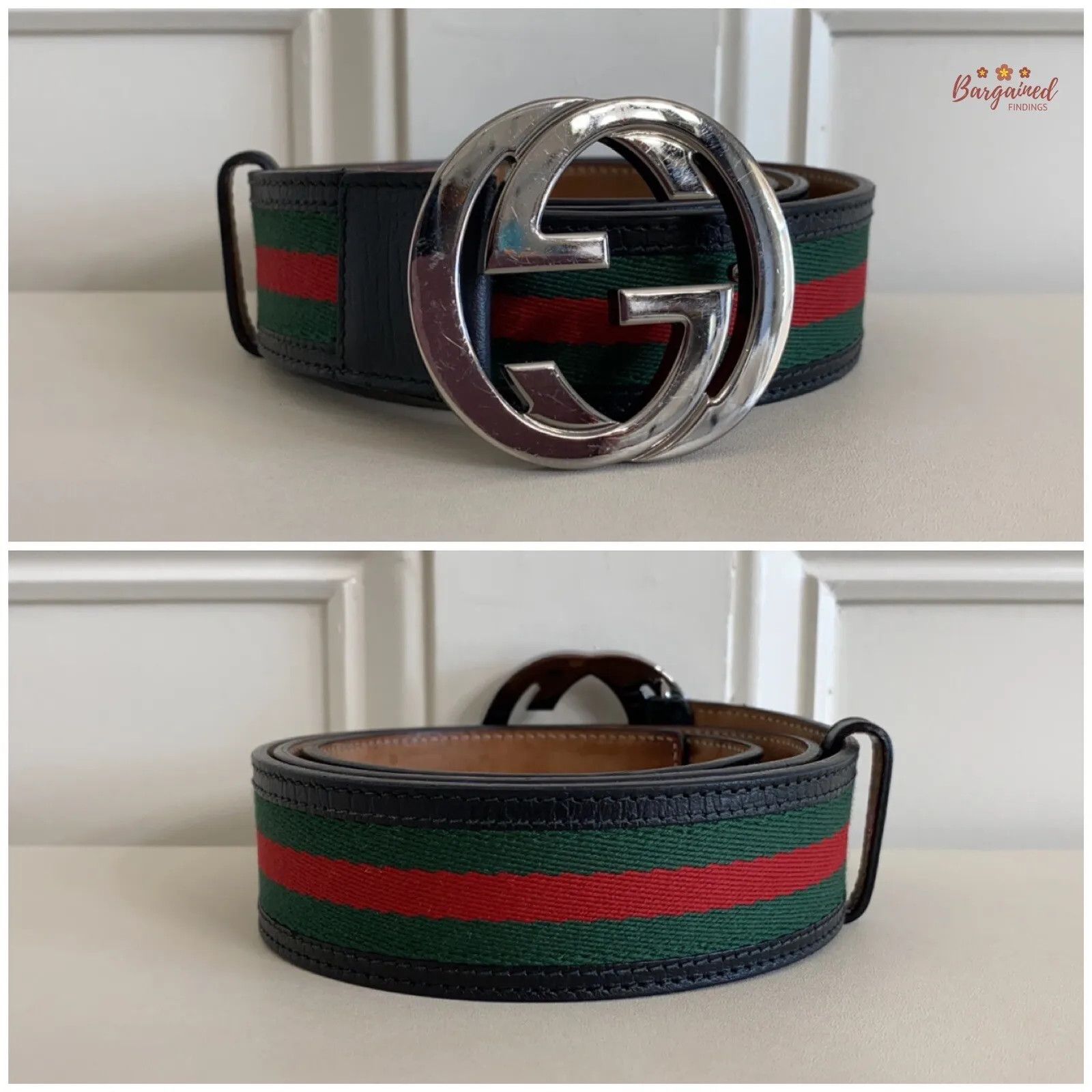 Gucci Gucci Web GreenRed Canvas Silver Interlocking G Buckle Belt Size 36 - 3 Thumbnail