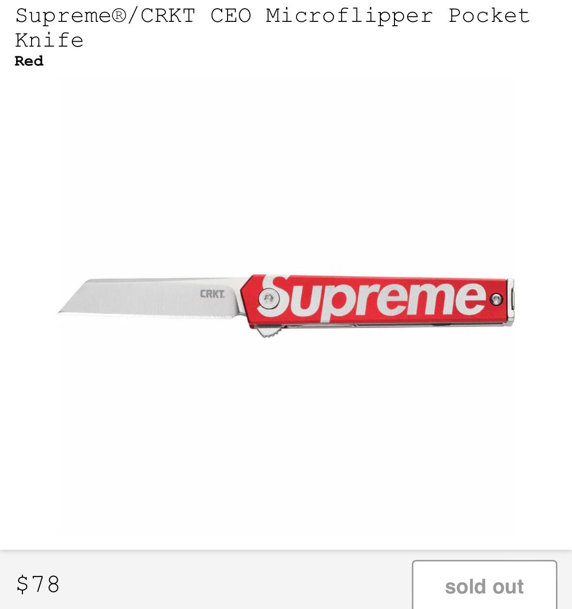 image of Supreme Crkt Ceo Microflipper Pocket Knife In Hand in Red, Men's