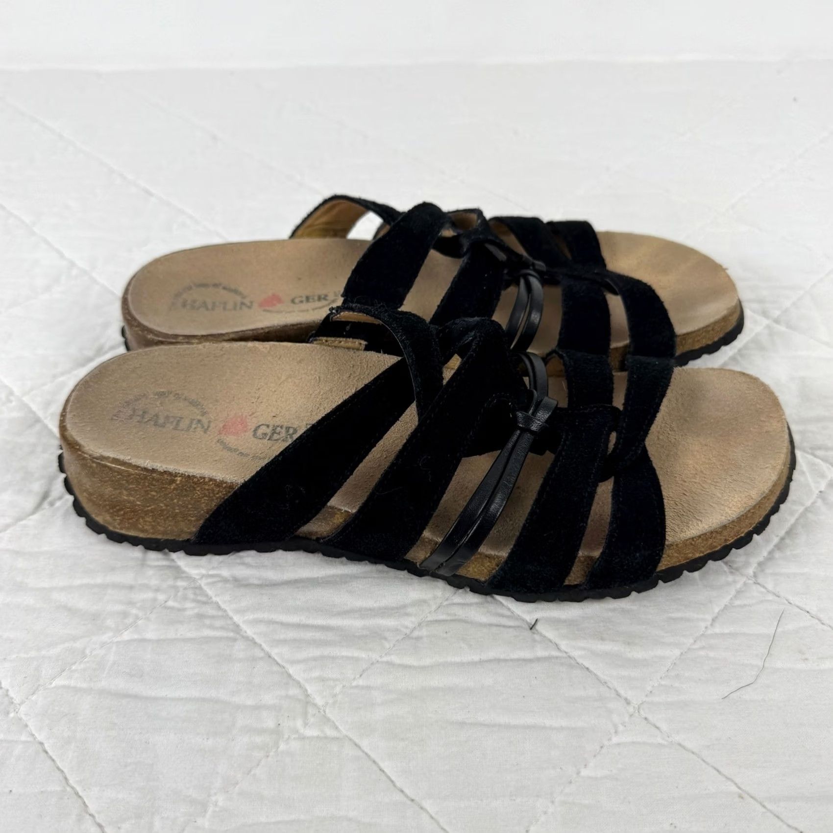 Vintage Haflinger Black Suede Leather Strappy Cork Slide Sandals Womens 38 US 7 Size US 7 / IT 37 - 3 Thumbnail