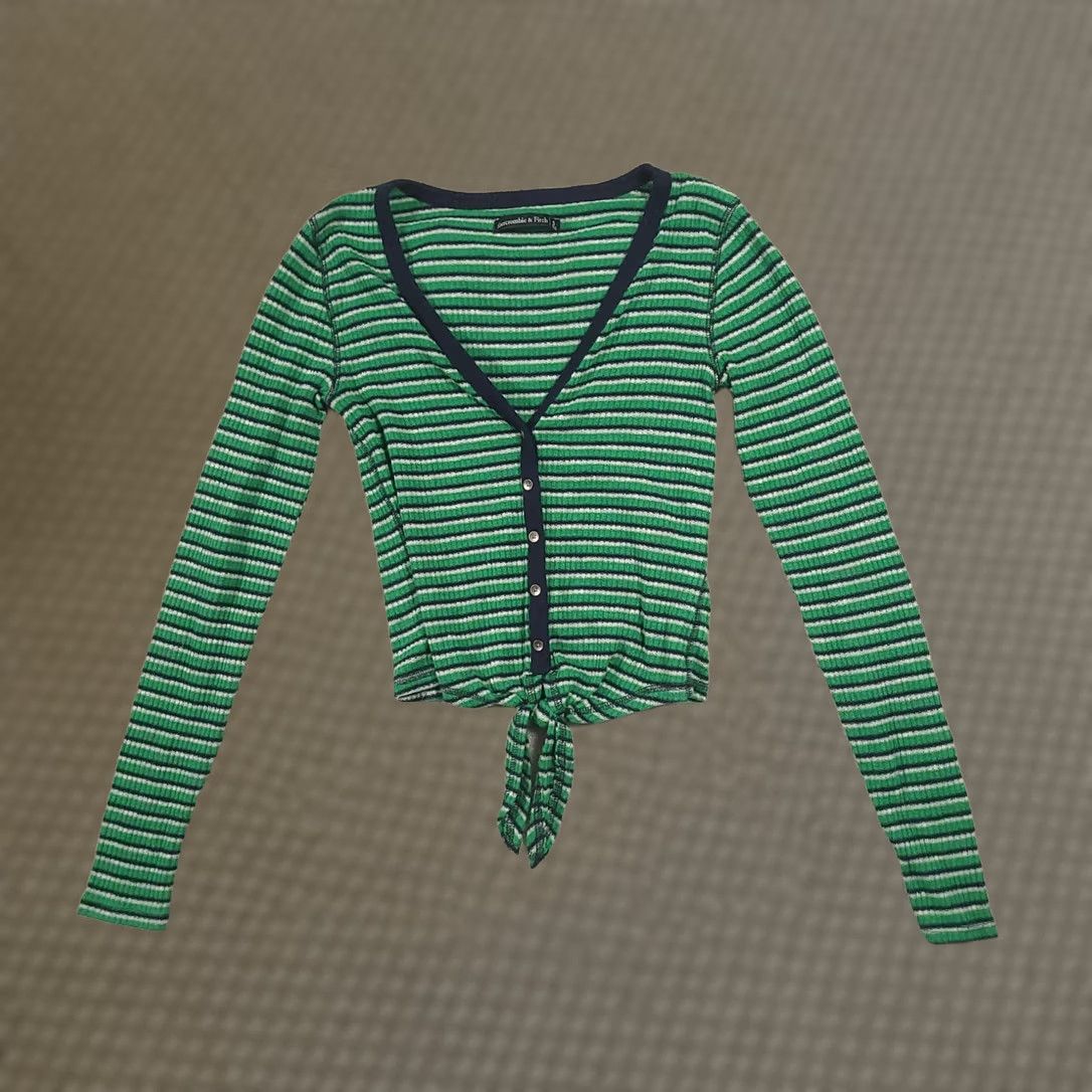 Abercrombie & Fitch Abercrombie & Fitch Long Sleeve Henley Shirt Small Tie Front Y2K Bella Swan Green Striped Cotton Blend Button-Up Womens Shirt Size S / US 4 / IT 40 - 1 Thumbnail
