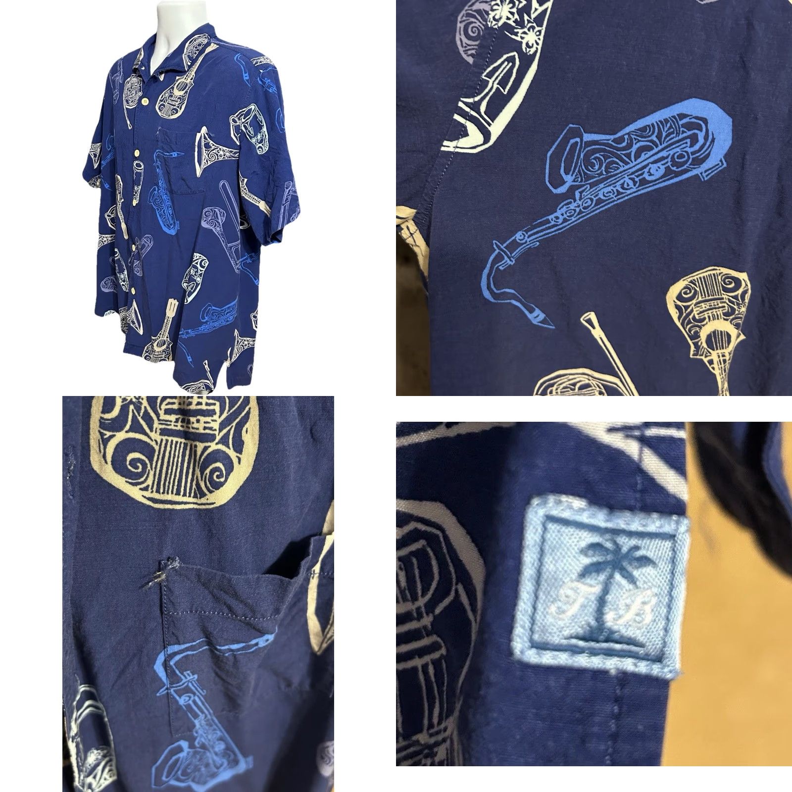Tommy Bahama VINTAGE Tommy Bahama Hawaiian Button Up Music Instrumental Shirt Men Large Blue Rayon Shirt Size US L / EU 52-54 / 3 - 8 Thumbnail
