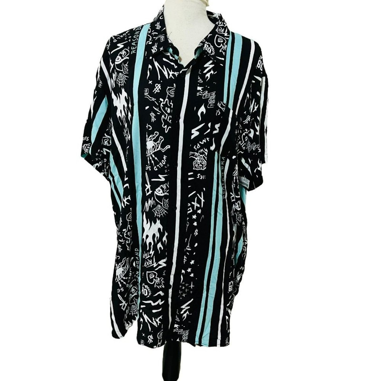 Reasons Black Turquoise Blurry Button Front Shirt 90s Print