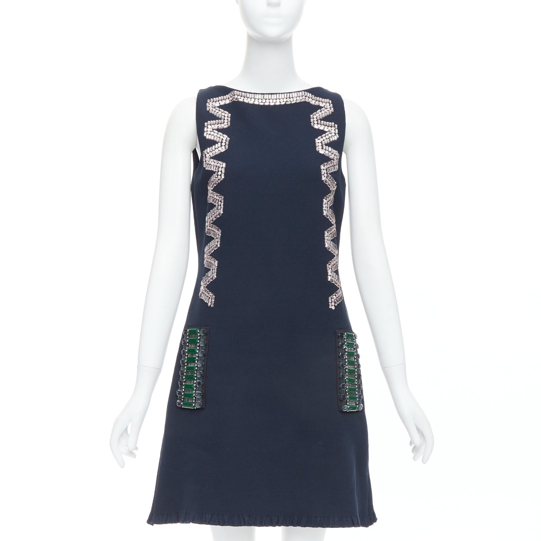 Lanvin LANVIN 2015 navy cotton rhinestone embellished ribbon shift dress FR36 S Size S / US 4 / IT 40 - 1 Thumbnail