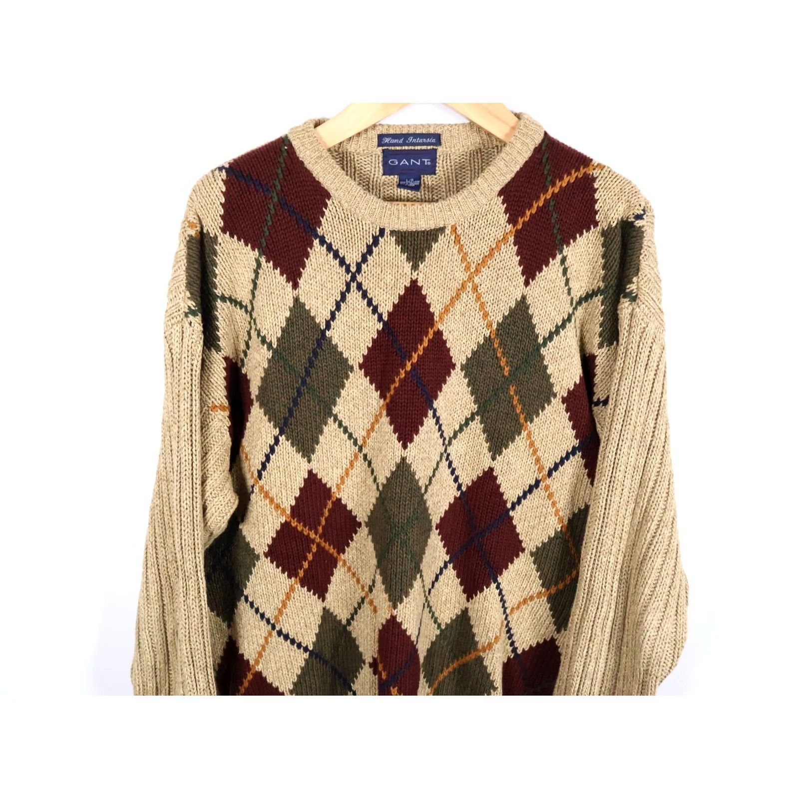 Gant VINTAGE GANT Sweater Men's Large Beige Argyle Hand Intarsia 100% Cotton Crew Neck Knit Pullover Size US L / EU 52-54 / 3 - 4 Thumbnail