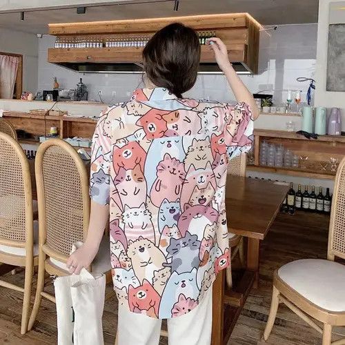 VIBE Cat Print Blouse Women Short Sleeve Size M / US 6-8 / IT 42-44 - 3 Thumbnail