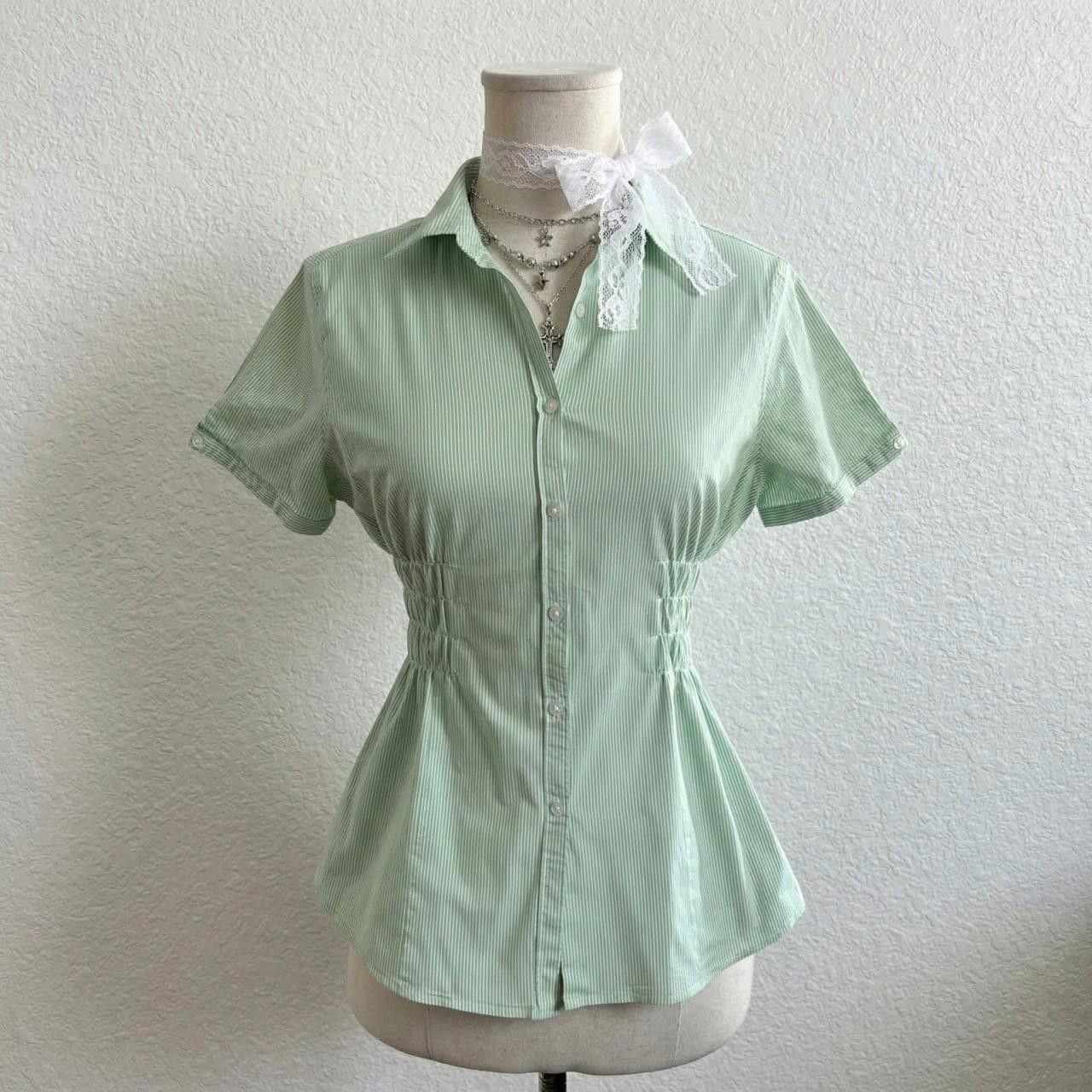 Vintage Montego green pinstripe button-up blouse, slim, fitted, y2k Size L / US 10 / IT 46 - 1 Thumbnail