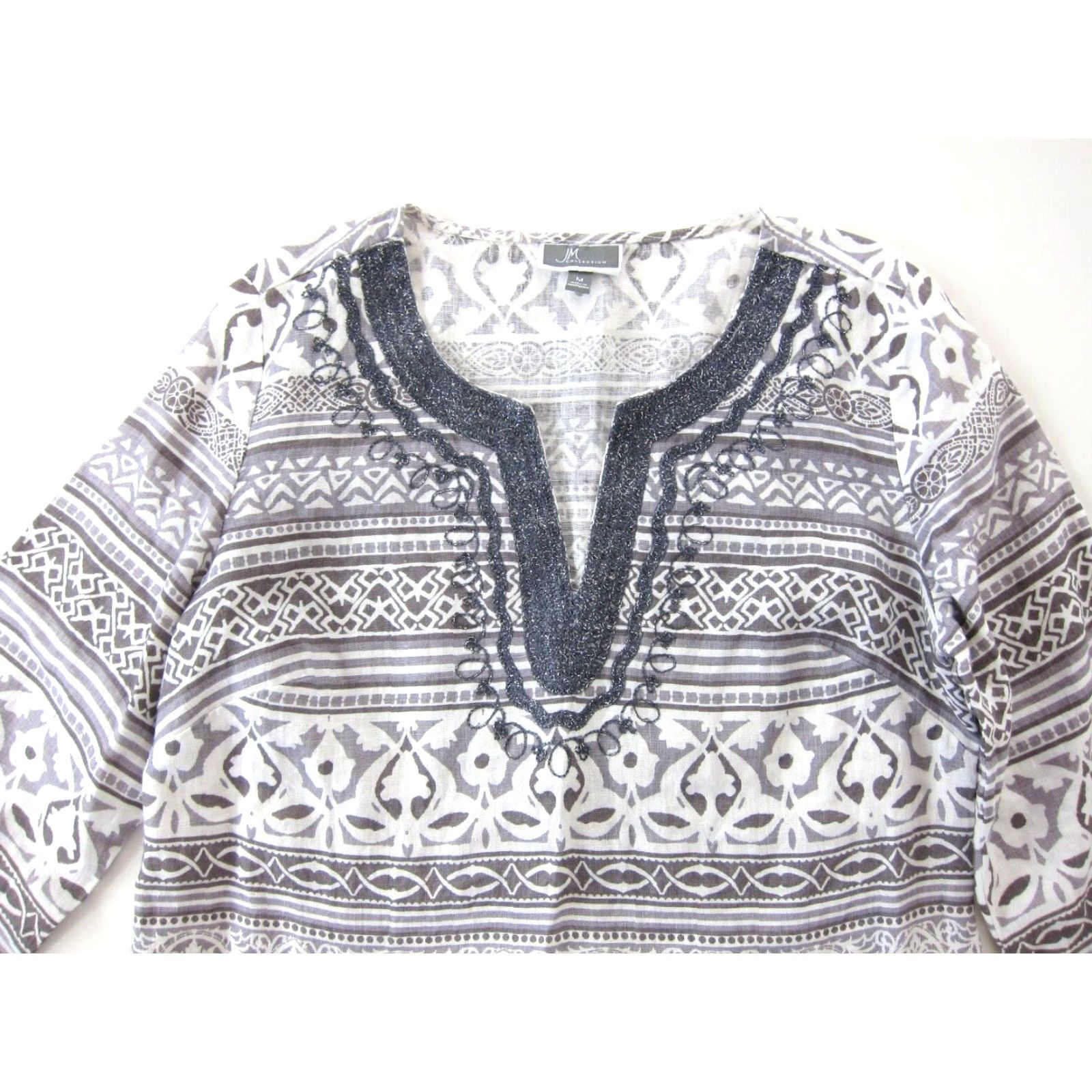 JM Collection JM Collection 100% Linen Grey White Floral Silver 3/4 Sleeve Tunic Blouse Medium Size M / US 6-8 / IT 42-44 - 4 Thumbnail