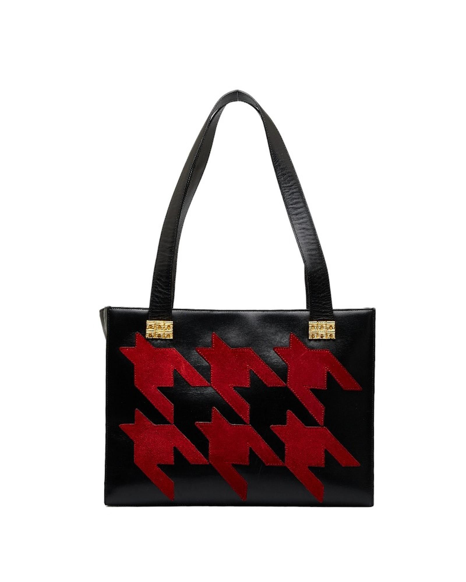 image of Celine Black Leather Houndstooth Tote Bag, Women's