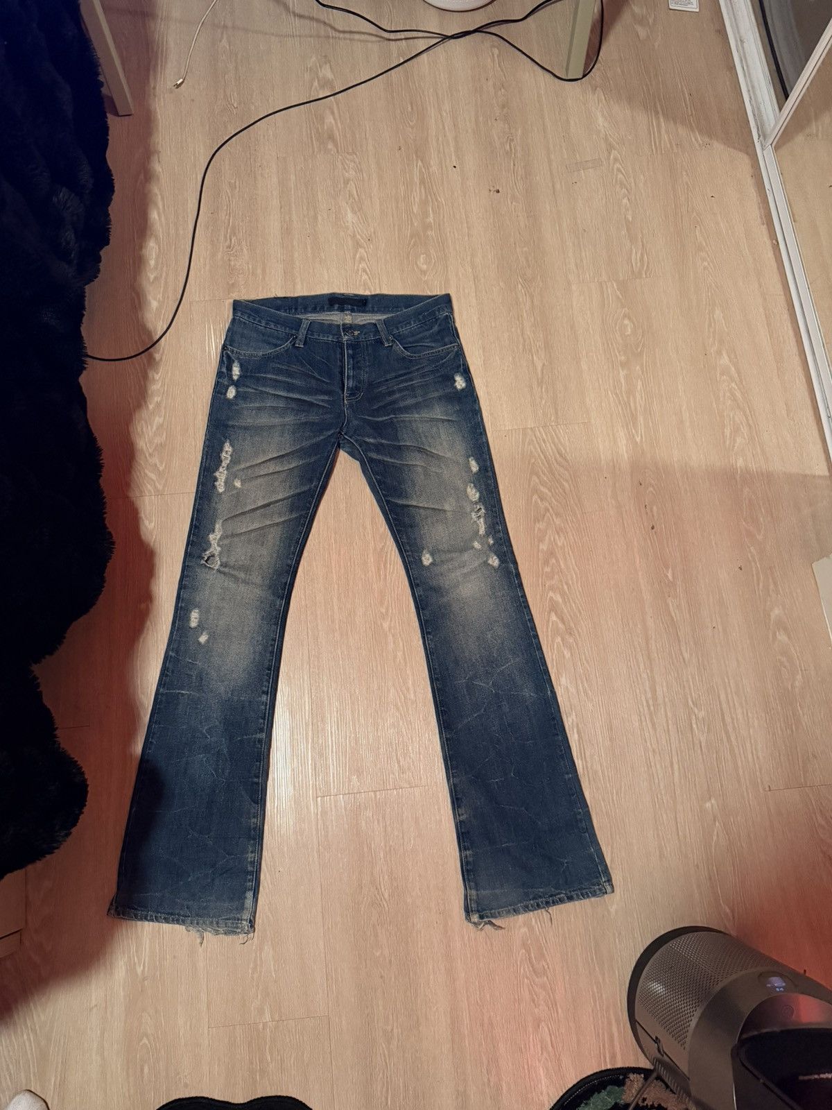 GOSTAR DE FUGA Fuga Whisker Marble Blue Washed Distressed Flare Denim Jeans Size US 30 / EU 46 - 6 Thumbnail
