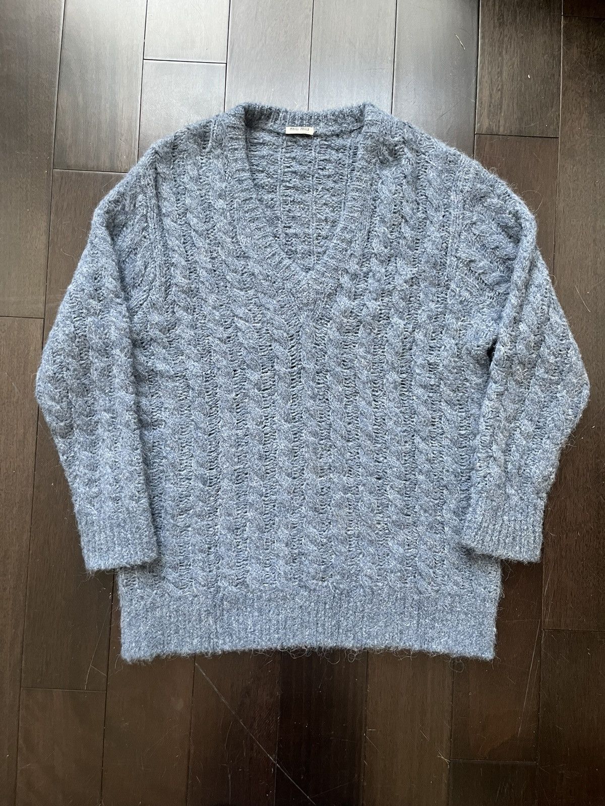 image of Miu Miu Blue Alpaca Cable Knit Sweater in Light Blue, Women's (Size Small)