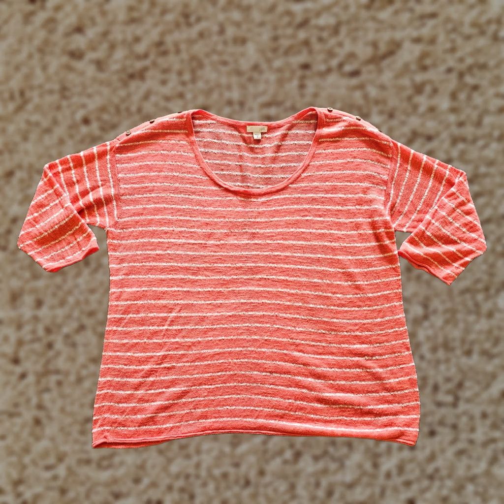 J. Jill J Jill Top Shirt Women Medium Orange Coral Striped Linen 3/4 Sleeve Casual Beach Shirt Size M / US 6-8 / IT 42-44 - 1 Thumbnail