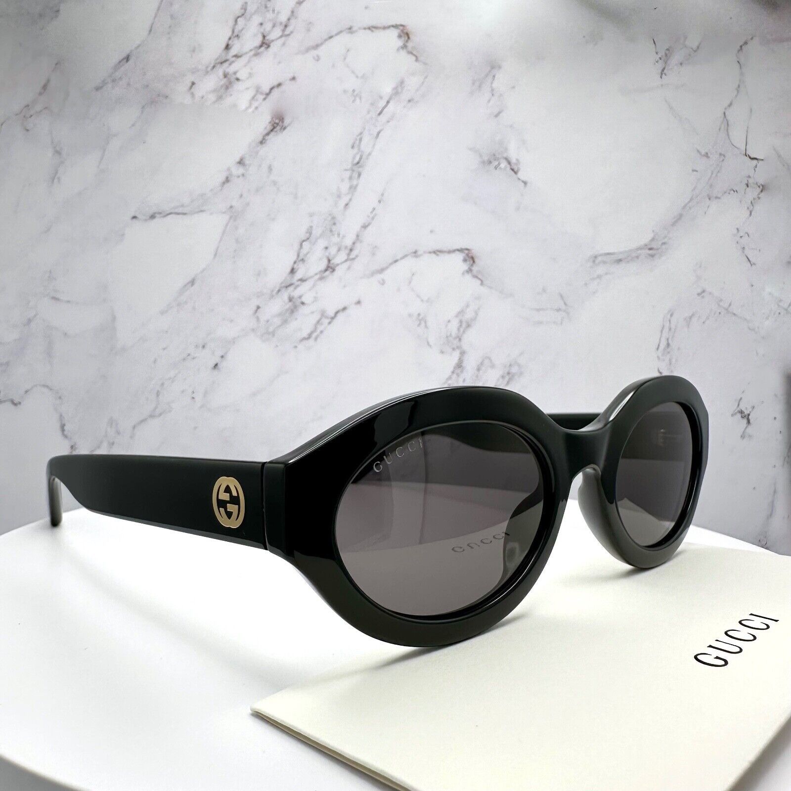 Gucci New GUCCI Sunglasses Black Oval Gold Interlocking GG Size ONE SIZE - 15 Thumbnail