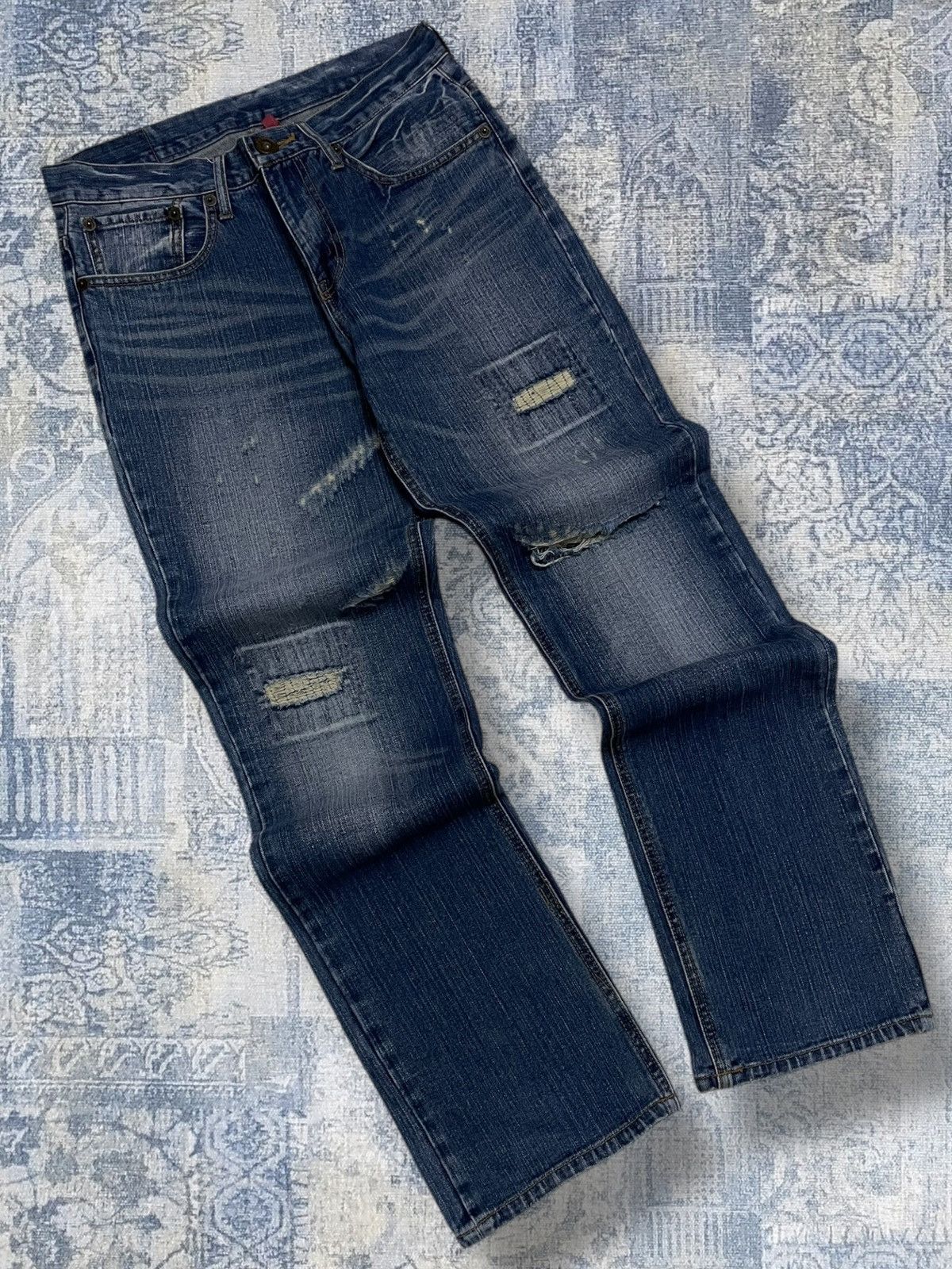 Japanese Brand Vintage 1990s Japan Designer Nylaus Distressed Patch Denim Size US 30 / EU 46 - 2 Thumbnail
