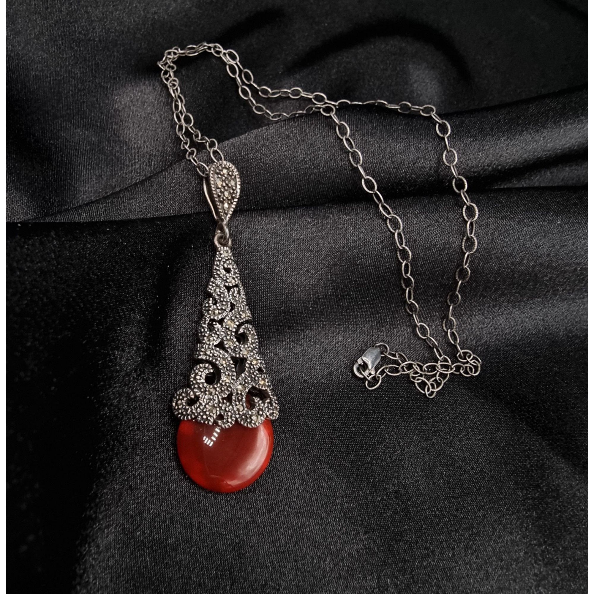 Vintage Vintage Late XX Century Carnelian & Marcasite Sterling Silve Size ONE SIZE - 2 Thumbnail