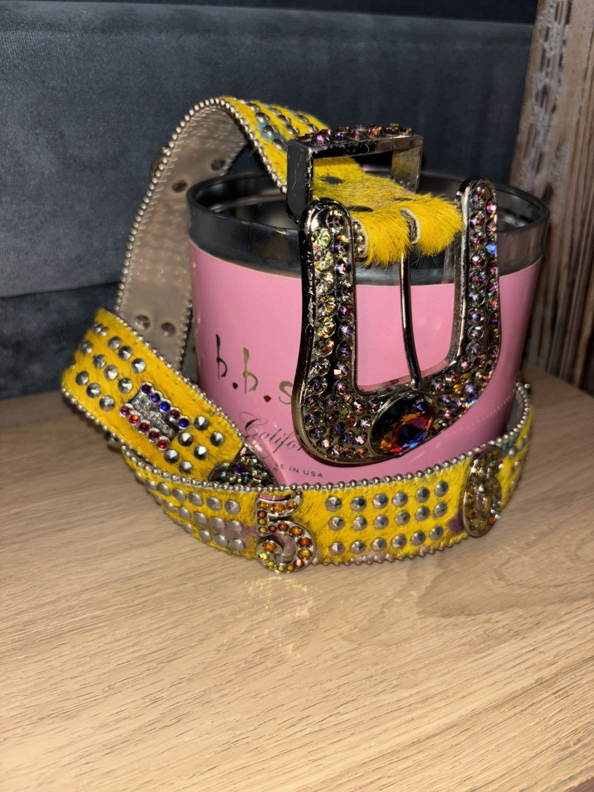 B.B. Simon b.b. Simon Yellow Pony Hair Crystal Studded Belt Sz 36 Size 36 - 2 Thumbnail
