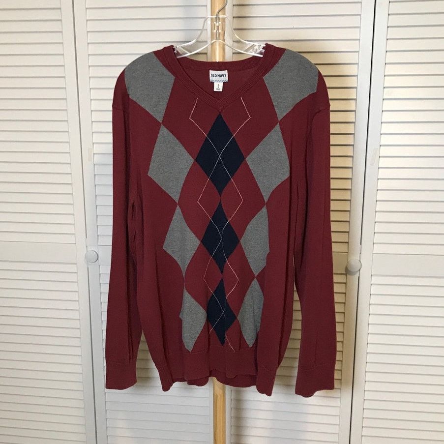 Old Navy Old Navy Red Gray Black Argyle V-neck Long Sleeve Sweater XL Size US XL / EU 56 / 4 - 1 Thumbnail