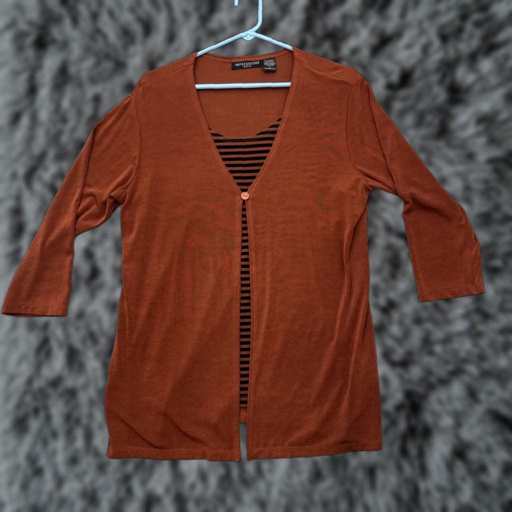Vintage VINTAGE Impressions Cardigan Top L Women Brown Slinky Office Chic Lagenlook 3/4 Sleeve V-Neck Size L / US 10 / IT 46 - 1 Thumbnail