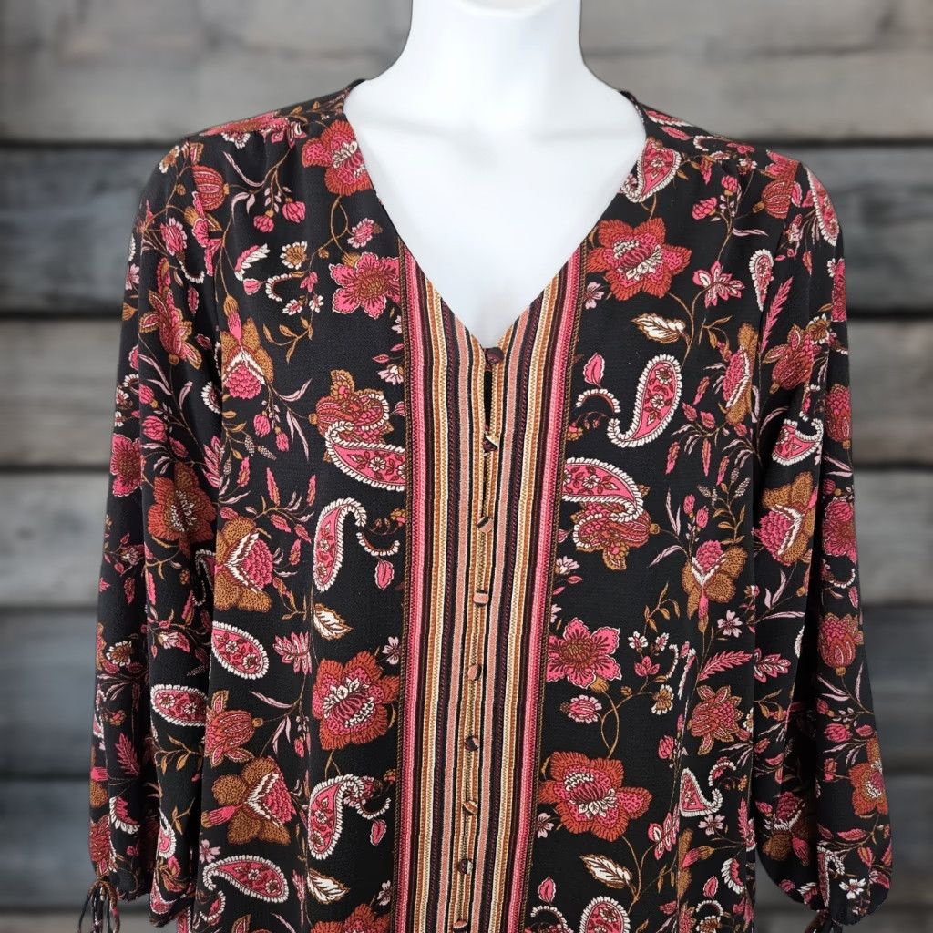 Vintage Zac & Rachel Womens Top 1X Black Pink Floral Paisley Long Sleeve V-Neck Blouse Size XL / US 12-14 / IT 48-50 - 1 Thumbnail