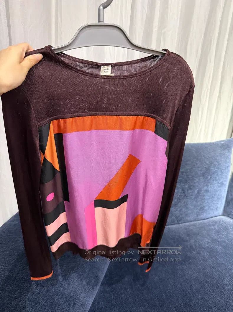 Hermes Hermes Geometric Pattern Silk Long Sleeve - Mulberry Silk Size XXS / US 00 / IT 34 - 1 Thumbnail