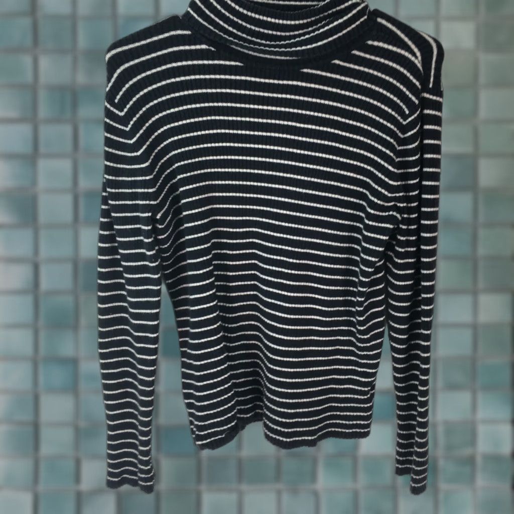 Vintage A.N.A Women's Striped Knit Pullover Sweater Black Size L Long Sleeve Turtle Neck Casual Classic Size L / US 10 / IT 46 - 1 Thumbnail