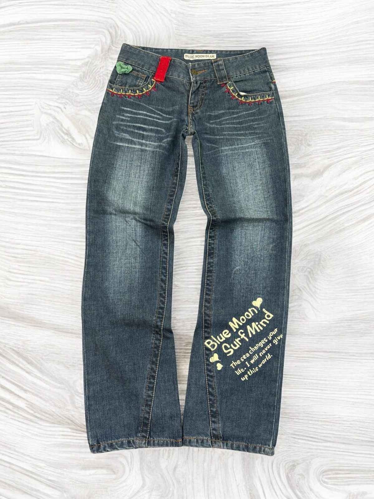 Japanese Brand BLUE MOON BLUE PRINTED POEM SURF EMBROIDERY LOW RISE DENIM Size US 28 / EU 44 - 2 Thumbnail