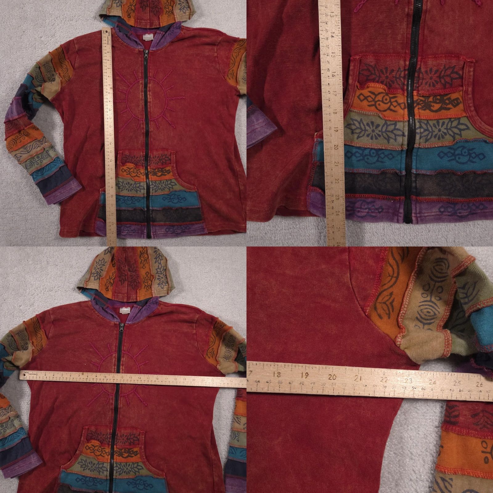Vintage GreaterGood Network Hoodie Womens Large Red Patchwork Sun Zip Boho Hippie Multi Size L / US 10 / IT 46 - 9 Thumbnail