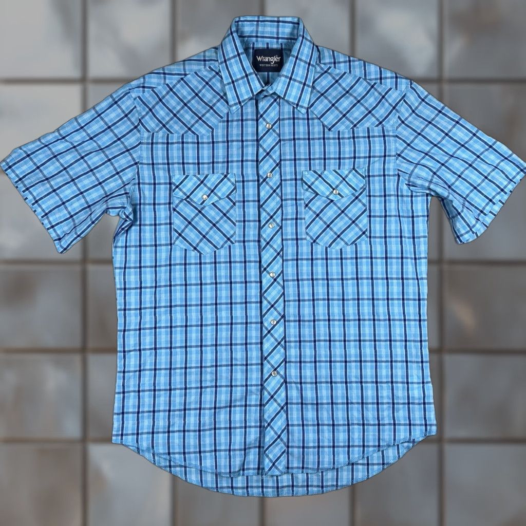 Wrangler Wrangler Western Shirts Men's M Turquoise Blue Check Pearl Snap Cowboy Shirt Short Sleeve Button-Up Regular Fit Casual Workwear Mens Size US M / EU 48-50 / 2 - 1 Thumbnail