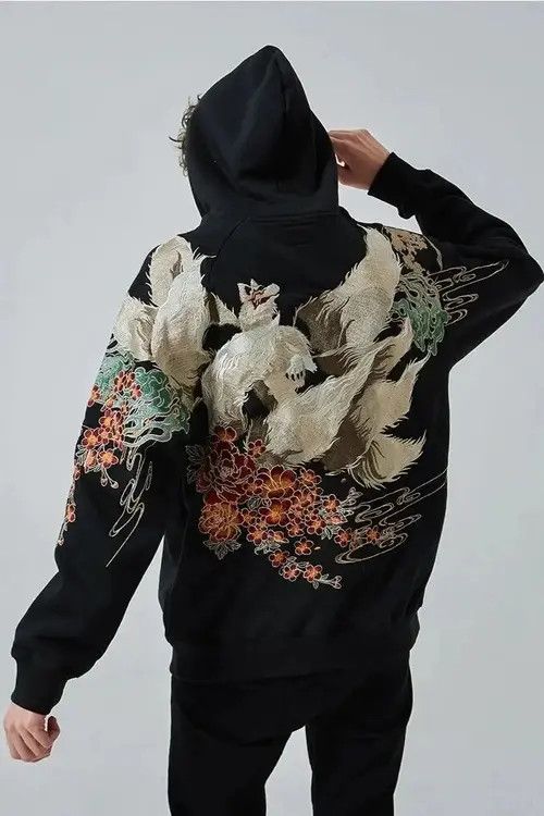 image of Vintage Embroidered Fox Japanese Flower Hoodie Unisex in Black, Men's (Size XL)