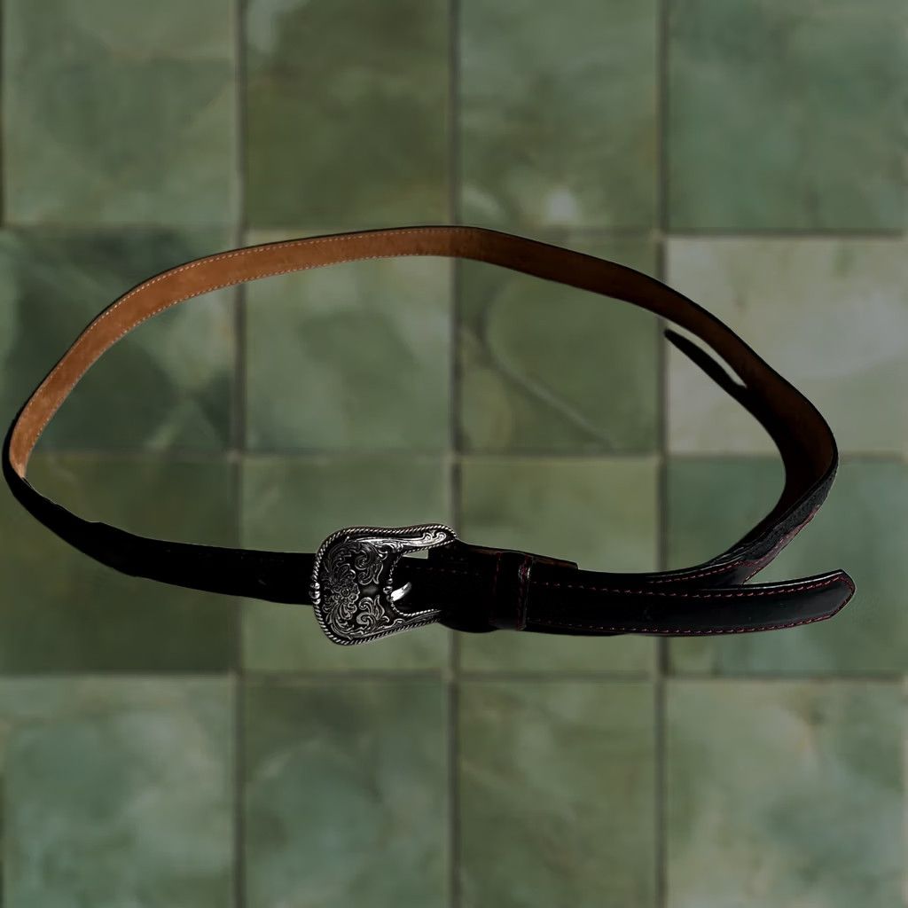 Tony Lama VINTAGE Tony Lama Mens Black Leather Western Belt Red Stitching Silver Buckle 36 Size 36 - 1 Thumbnail