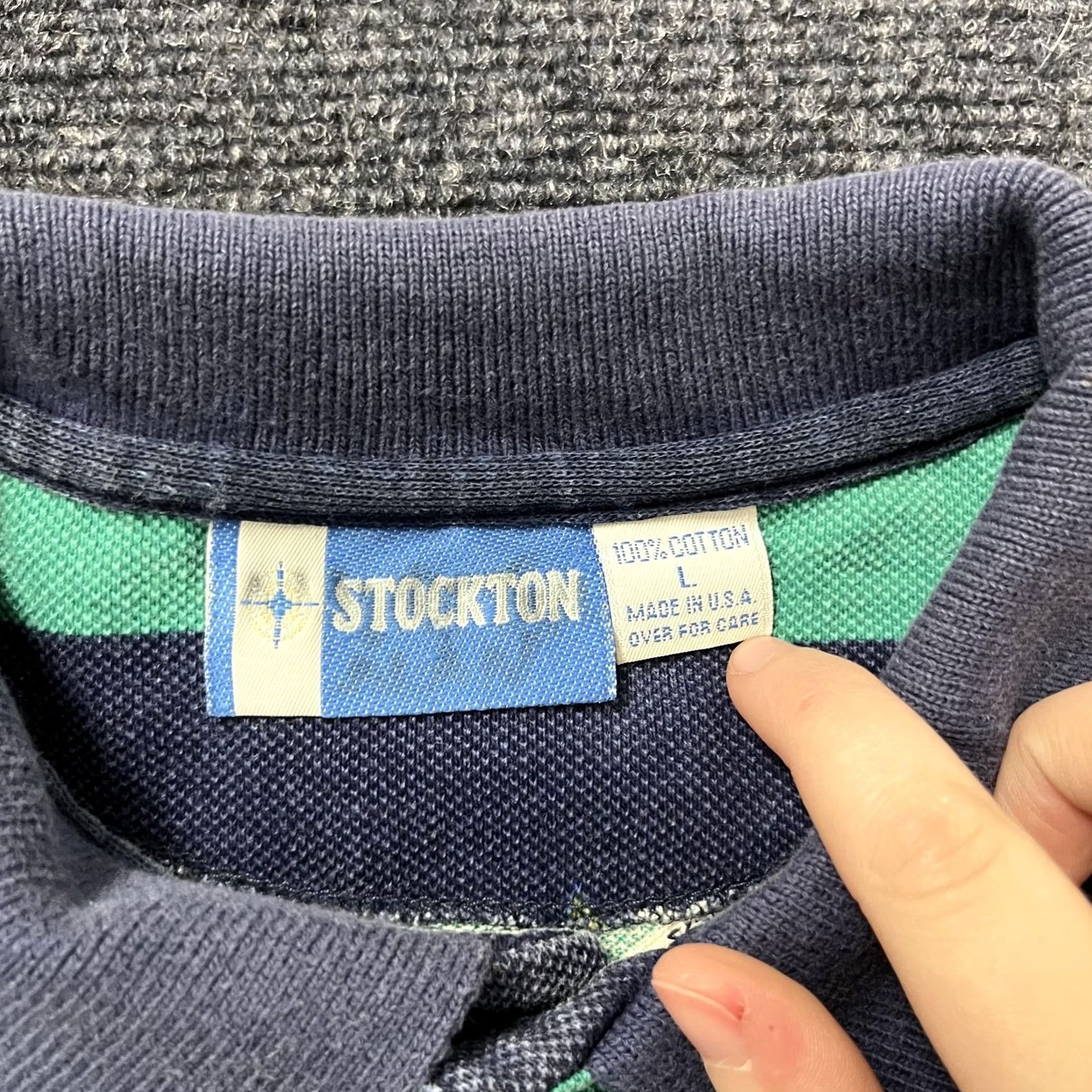 Vintage VINTAGE Stockton Polo Shirt Mens L Blue Green Stripe Fish Print Made USA Size US L / EU 52-54 / 3 - 4 Thumbnail