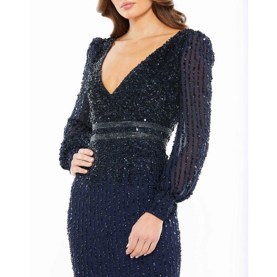 Mac Duggal Mac Duggal Midnight Sequined V Neck Bishop Sleeve Dress Sz 8 Size M / US 6-8 / IT 42-44 - 4 Thumbnail
