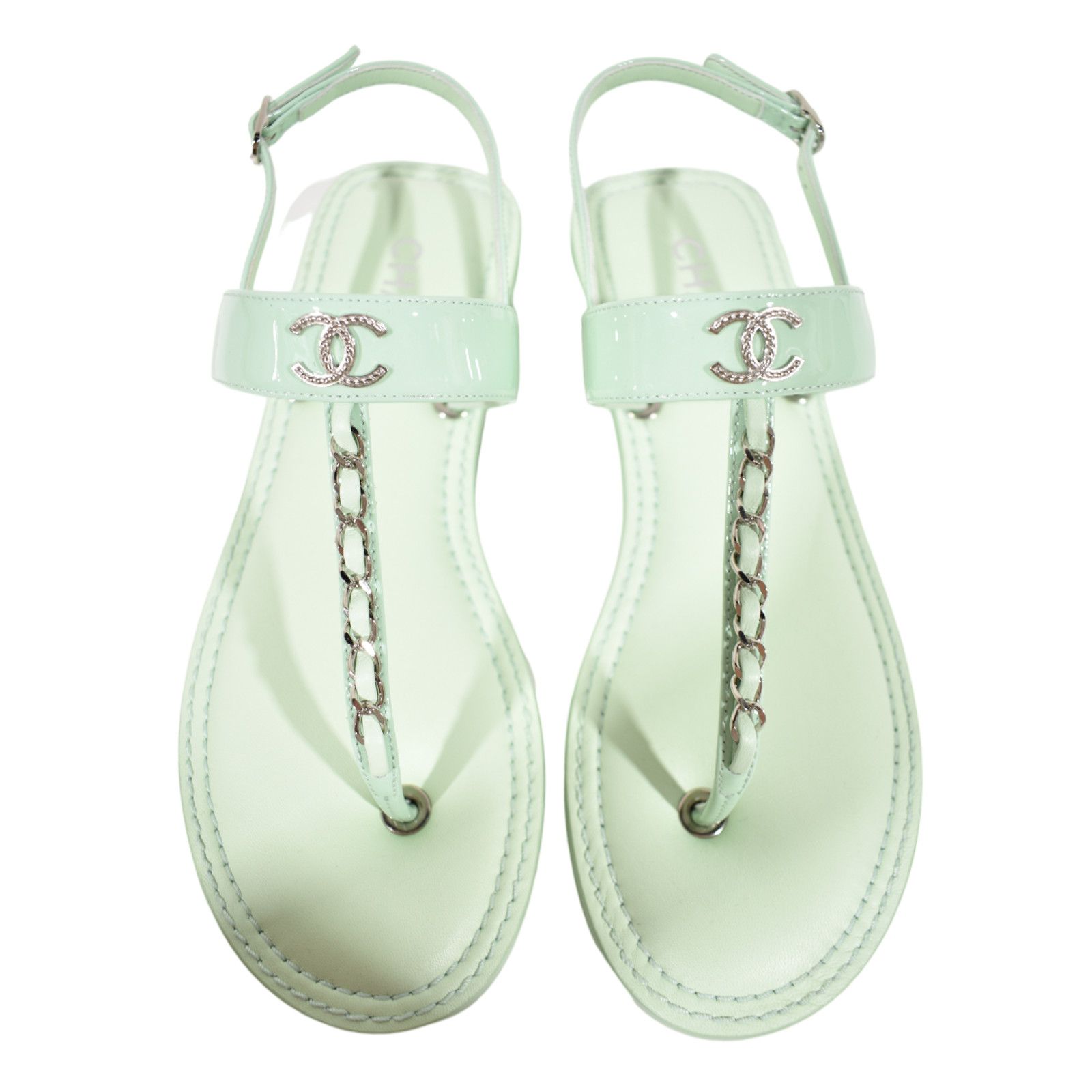 Chanel Chanel 22C Green Patent Silver Chain CC Logo Mule Slide Size US 7 / IT 37 - 1 Thumbnail