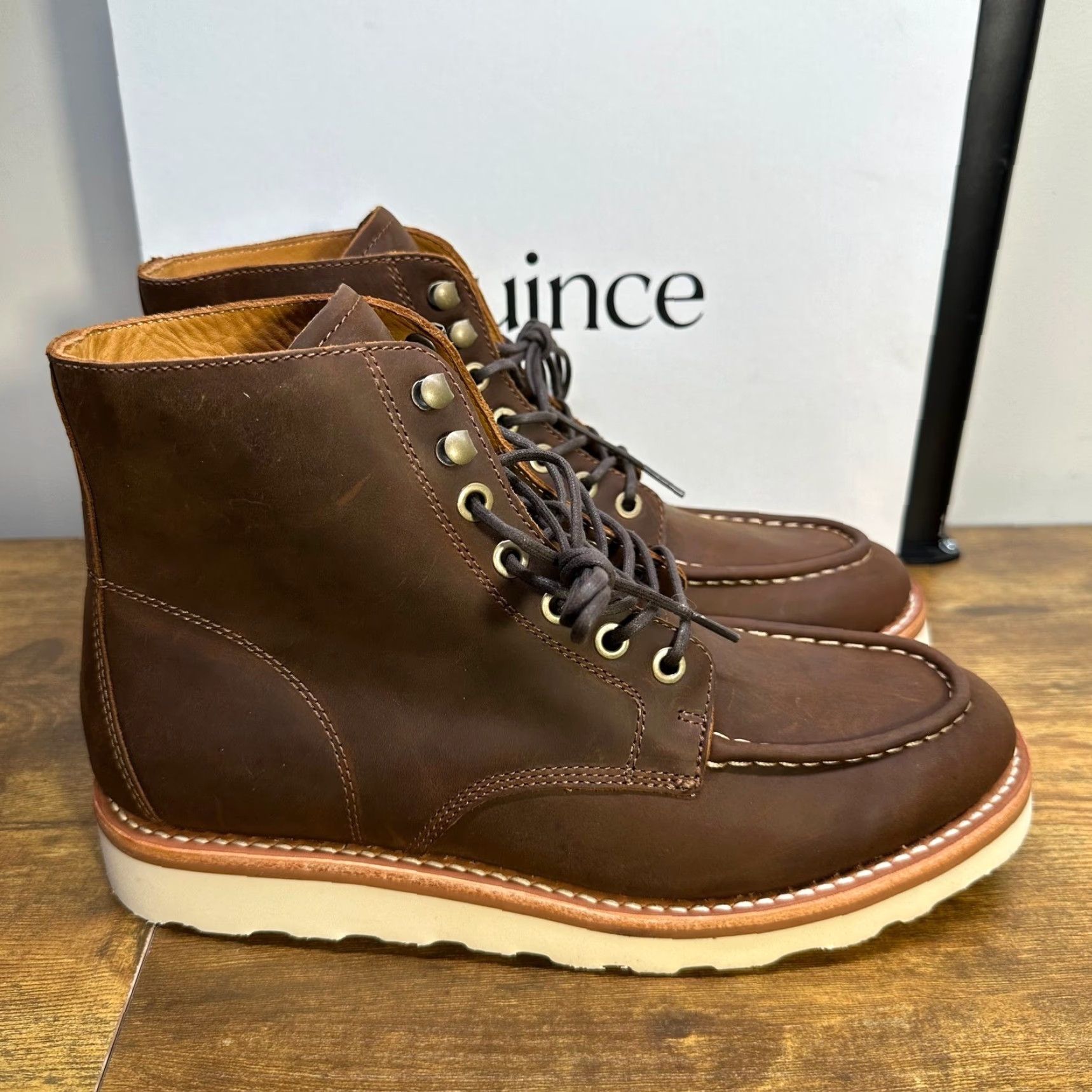 Quince Quince Mens Leather Moc Toe Boots Brown Cowhide Leather Wedge Rubber Outsole Ankle Lace Up 10.5 --- Size US 11 / EU 44 - 2 Thumbnail