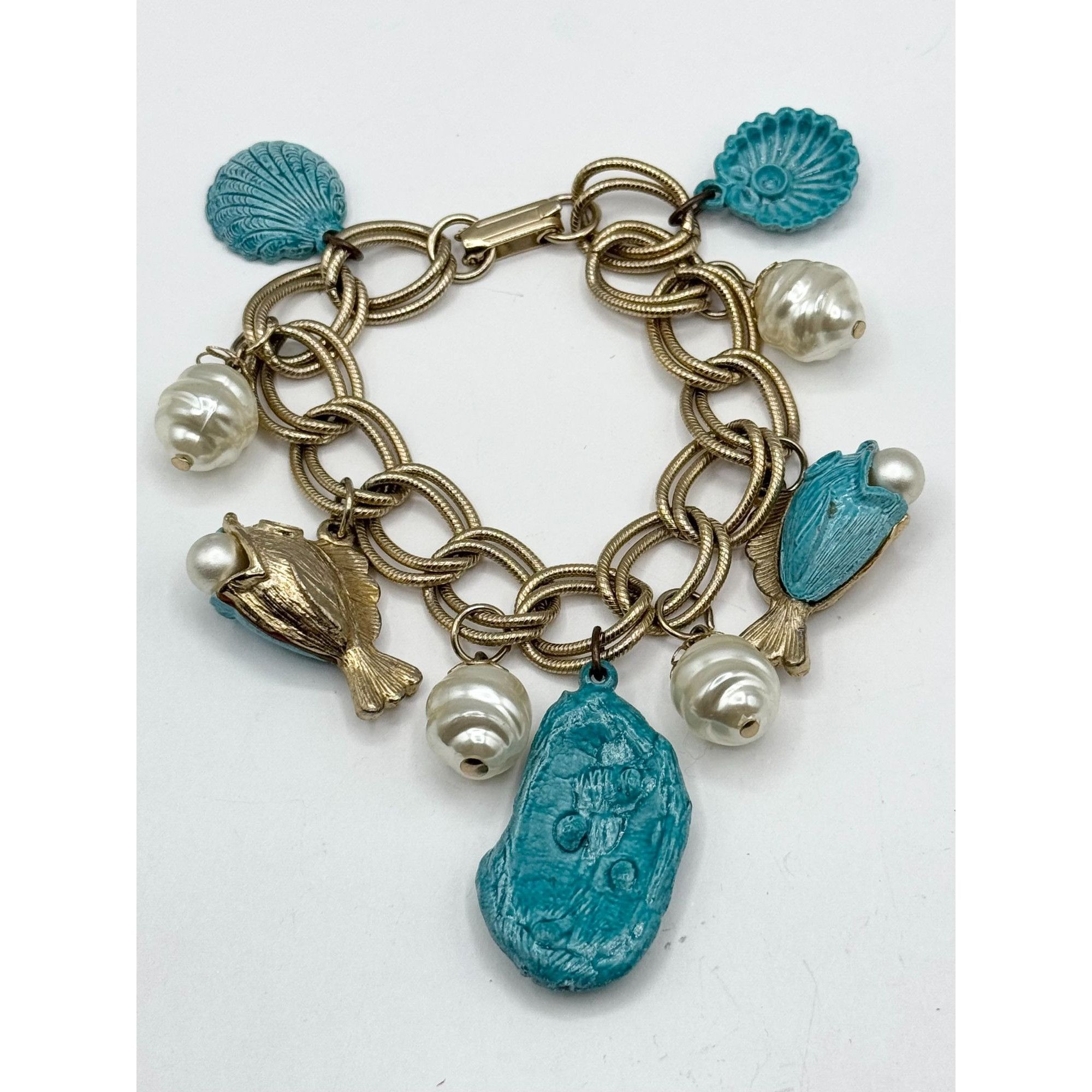 Vintage Vintage Blue Enamel Sea Shell Sea Life Fish Pearl Charm Brac Size ONE SIZE - 3 Thumbnail