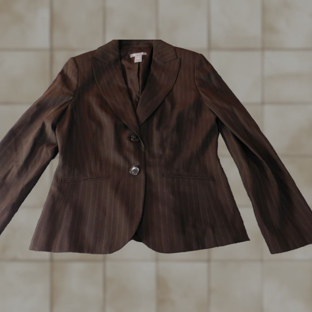 Ann Taylor Ann Taylor Blazer Jacket 10 Women Brown Wool Stripe Striped Knit Stretch Button Size L / US 10 / IT 46 - 1 Thumbnail