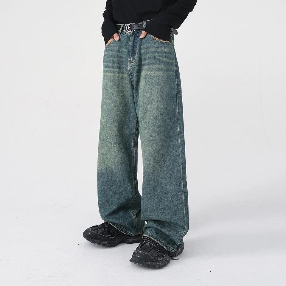 image of Distressed Denim Baggy Wash Wide Leg Denim Jeans in Blue, Men's (Size 31)