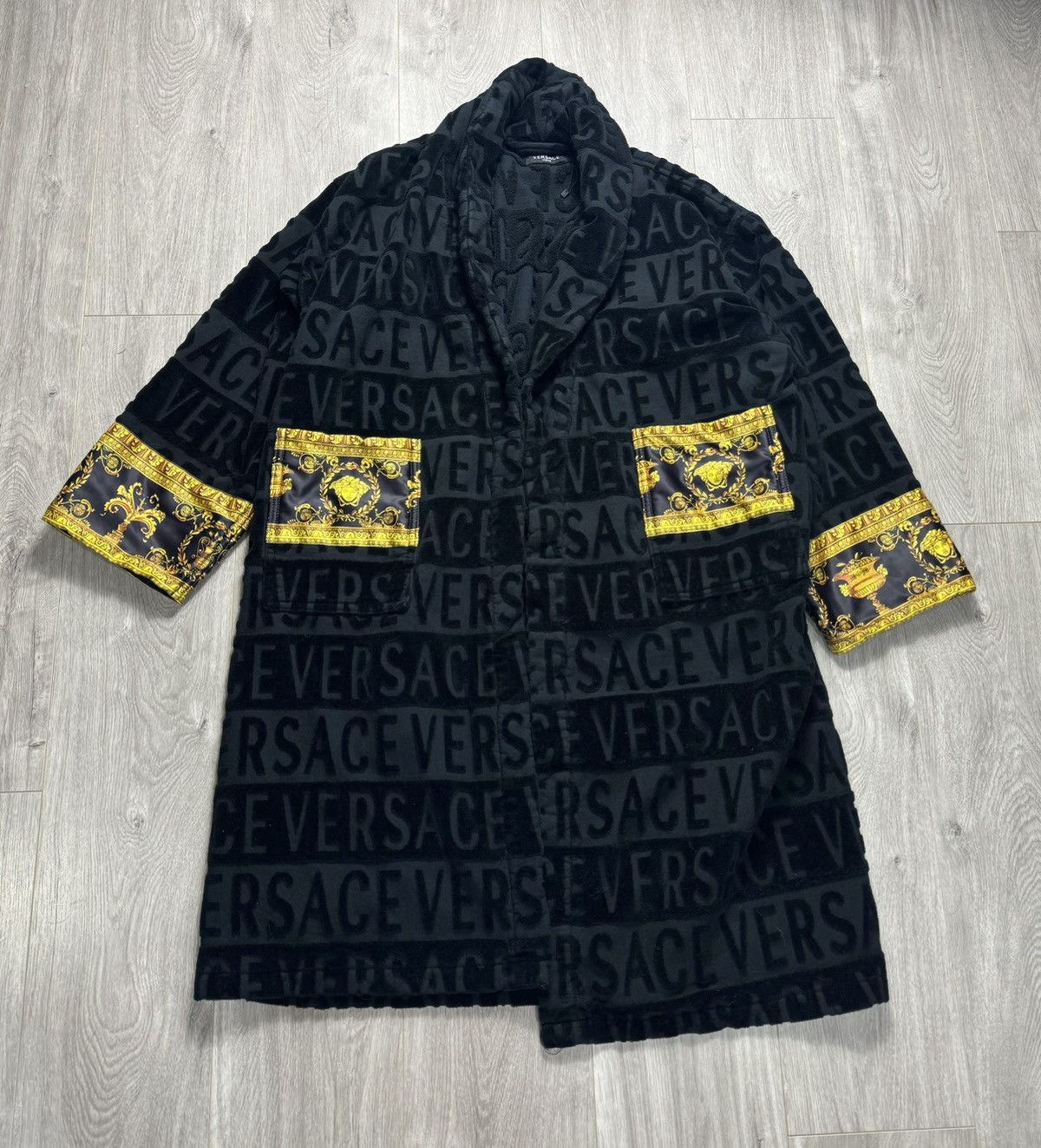 image of Versace Baroque Cotton Terry Bathrobe Black Gold Medusa, Men's (Size Small)