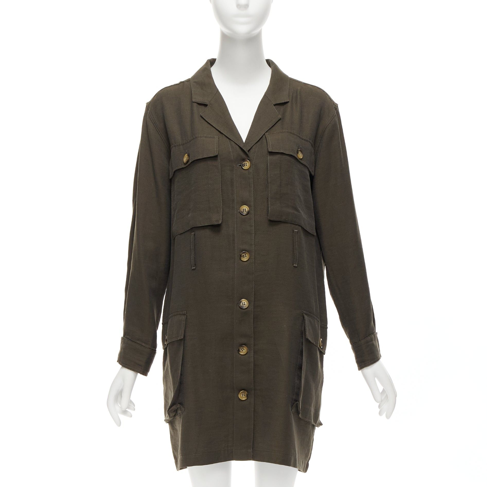 image of Anine Bing Kaiden Willow Dark Green Pocketed Safari Shirt Dress, Women's (Size Small)