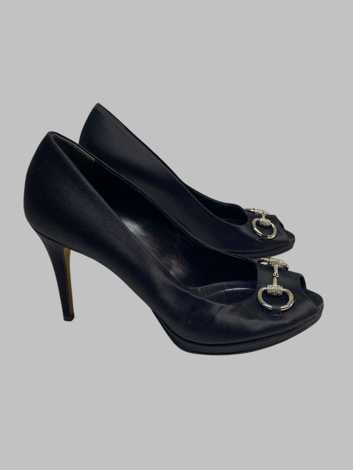 Gucci Gucci Black Satin Rhinestones Embellished Peep Toe Heels Size US 10 / IT 40 - 3 Thumbnail