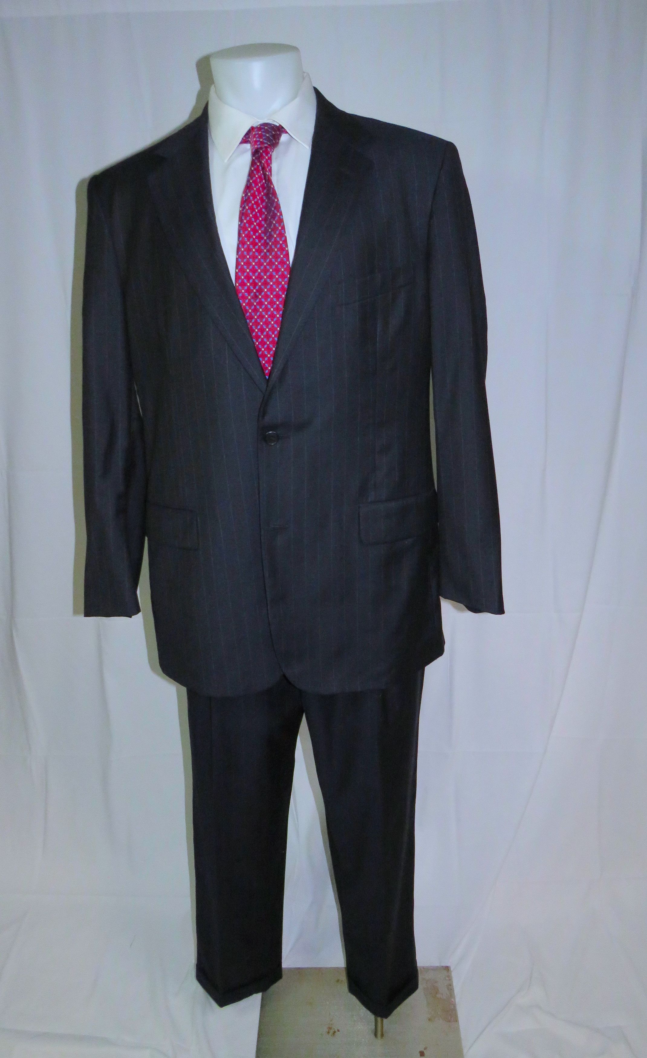 Golden Fleece Loro Piana Navy Striped Two Button Suit 45L