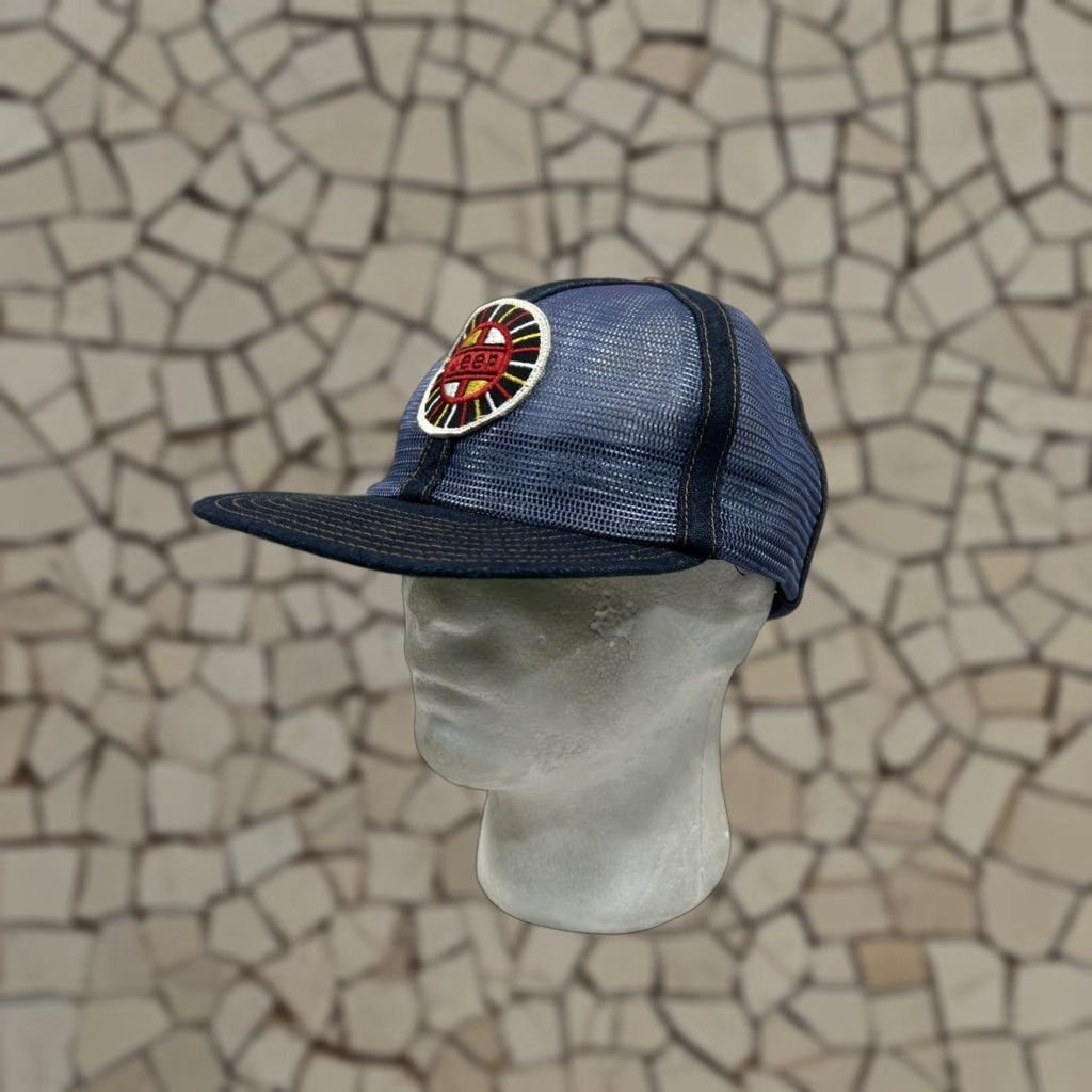 VINTAGE 1960s All Mesh Denim Trucker Hat Blue Snapback Wide Brim