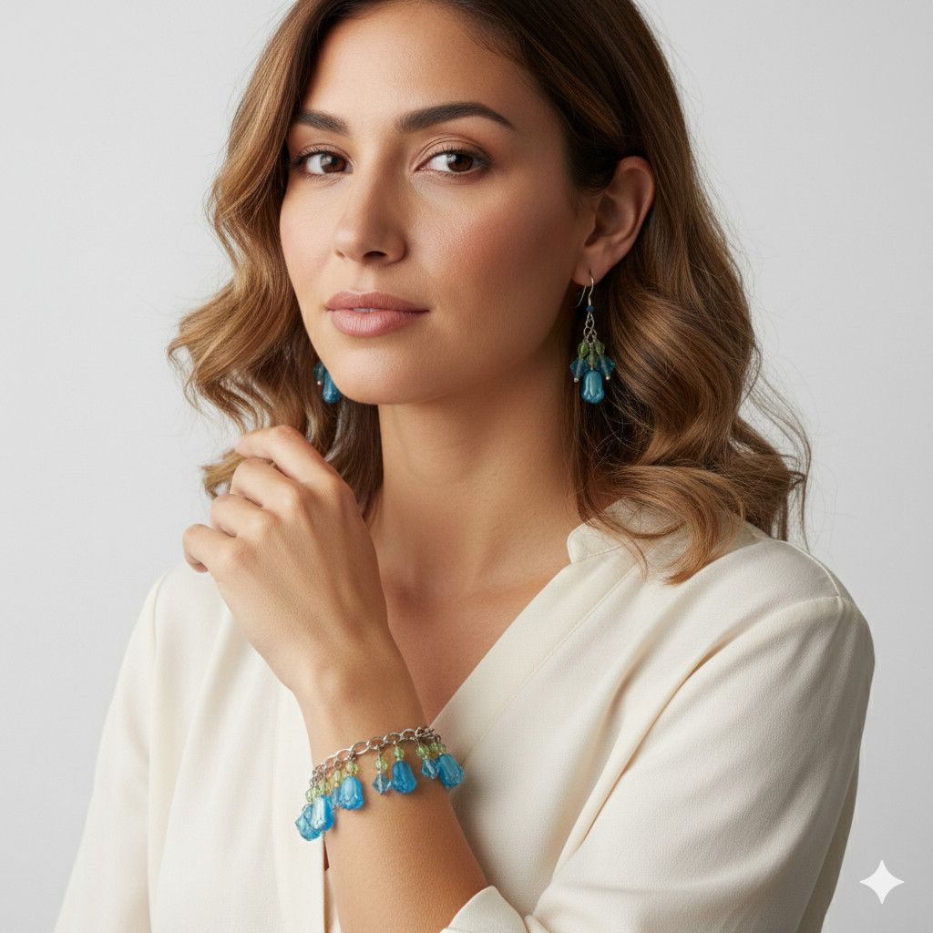 Handmade Tulip 7.5" Charm Bracelet Earrings Set Handmade Blue Czech Size ONE SIZE - 3 Thumbnail