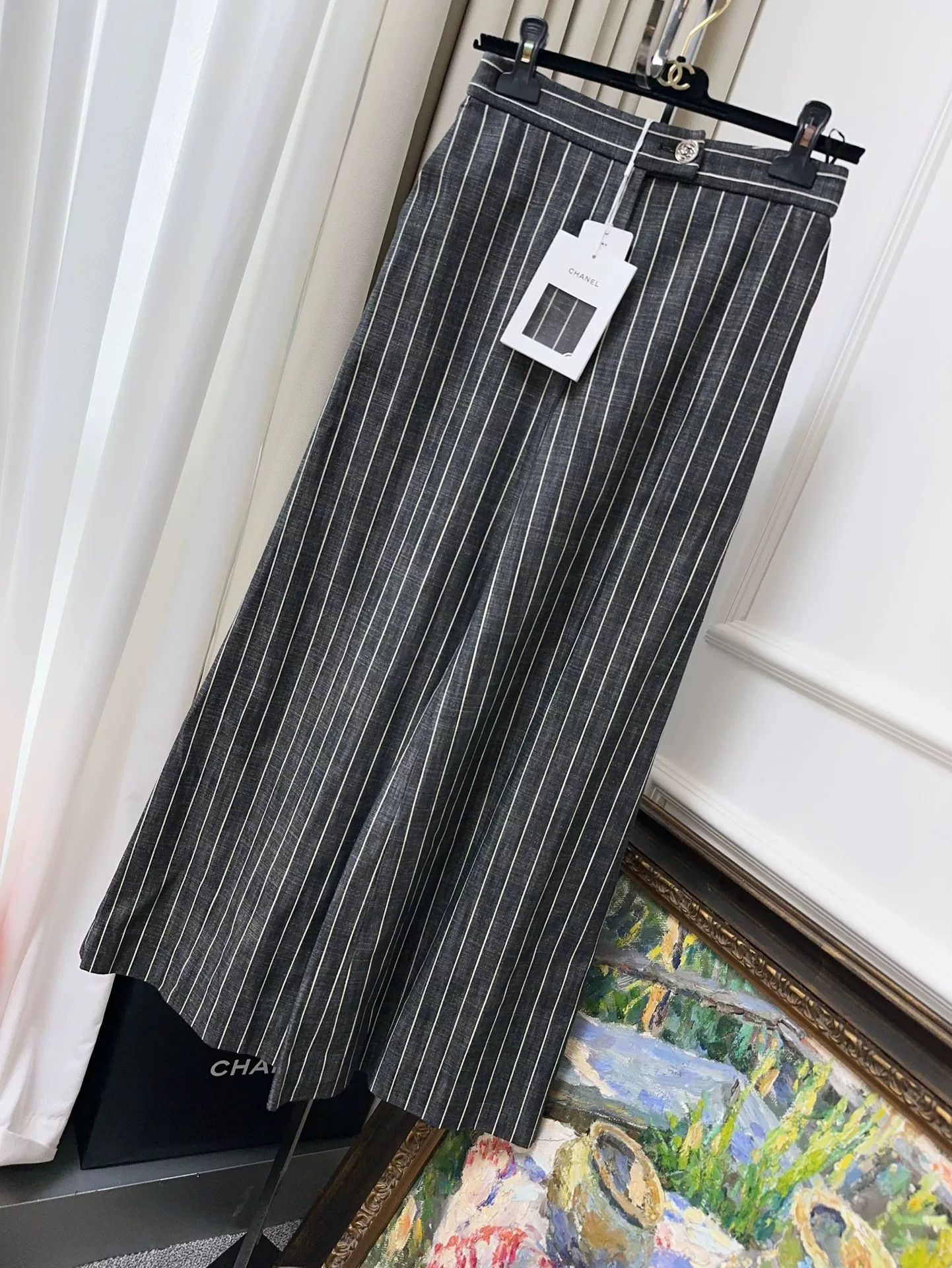Chanel chanel gray white striped wide leg pants Size US 34 / EU 50 - 1 Thumbnail