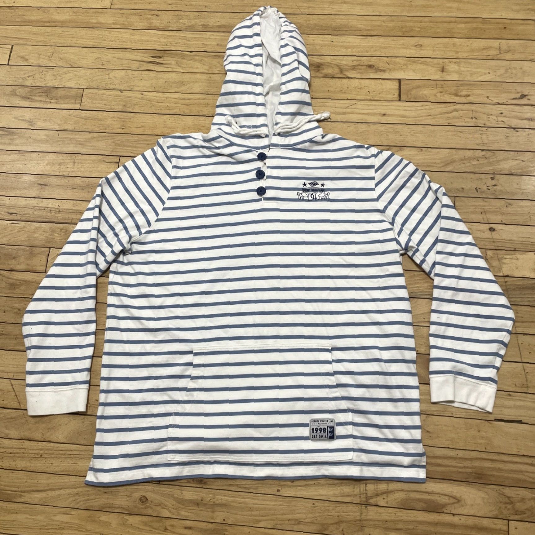 Disney VINTAGE DISNEY Cruise Line Sweater 3XL Henley Hoodie White Blue Stripe Women Adult XXXL Pullover Cotton Polyester Button Lined Money Theme Size XXL / US 16-18 / IT 52-54 - 3 Thumbnail